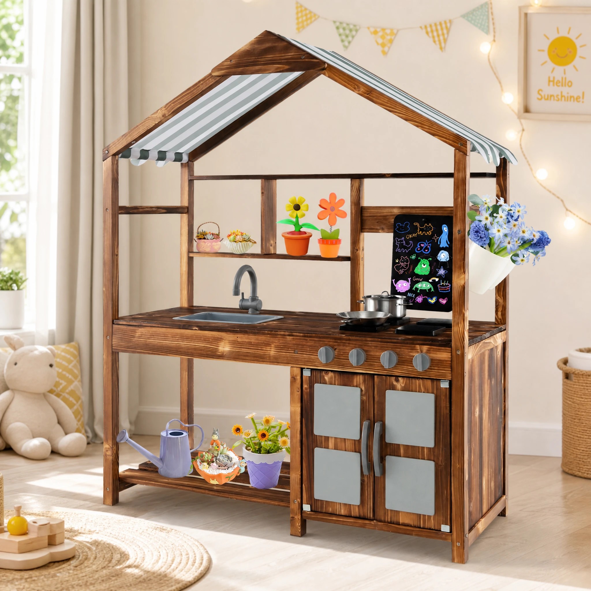 2 Costway Wood Kitchen Playset Pretend Cooking Toy w/Canopy, 2 of 5