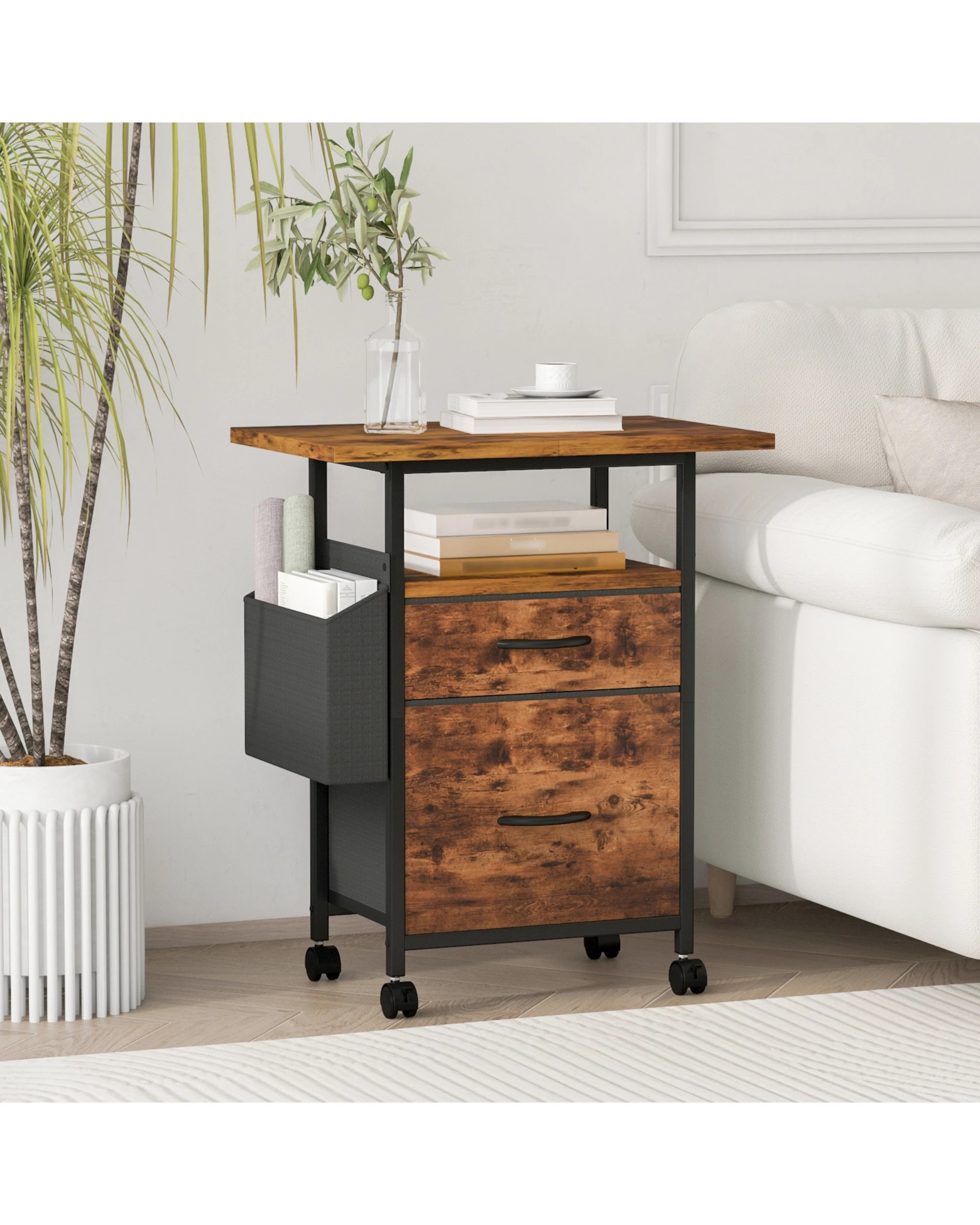 4 Advwin Mobile File Cabinet with Extended Desktop 2 Drawers & Fabric Side Bag - Brown, 4 of 10