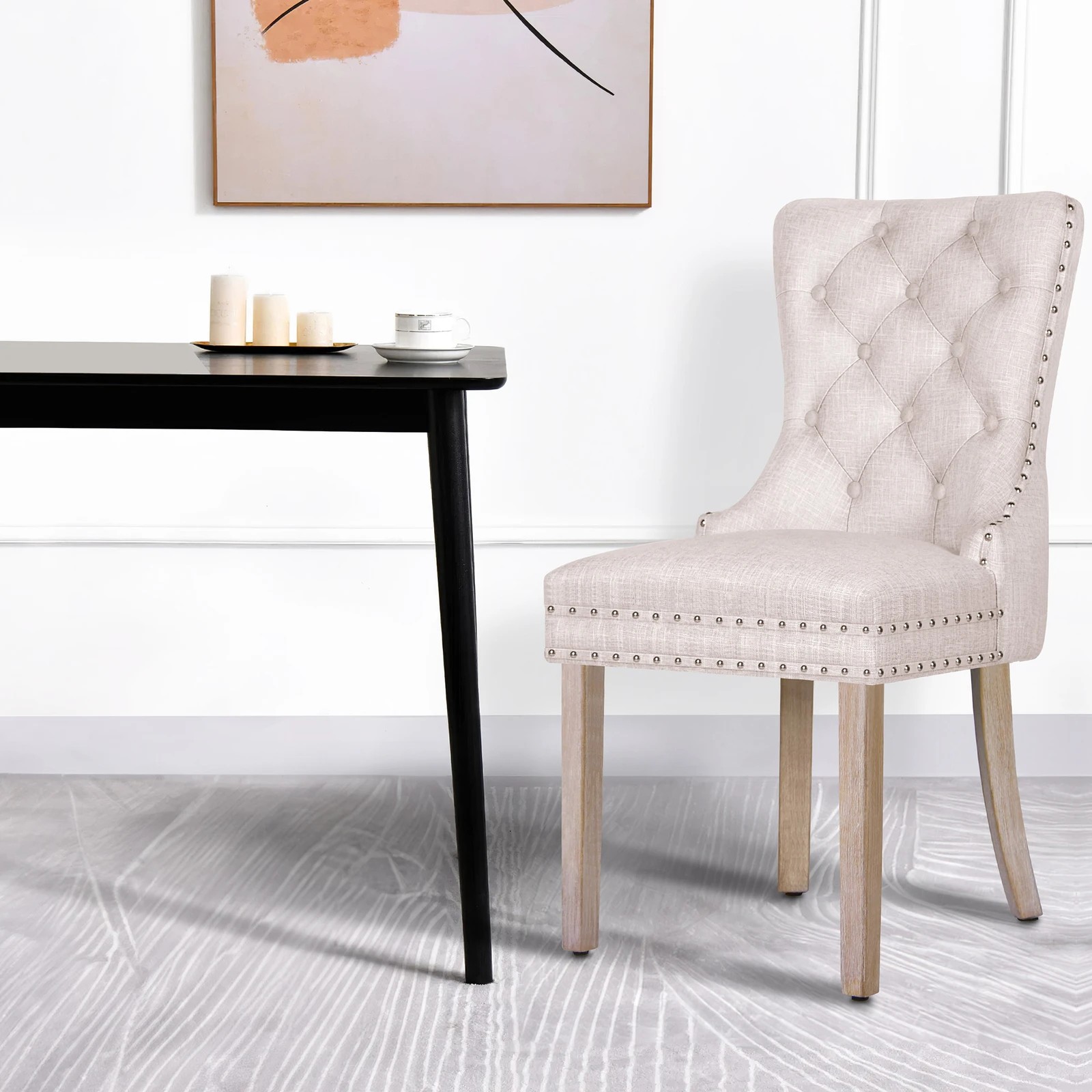 4 Alfordson 2x Dining Chair Kitchen Lounge Retro Button Tufted Wooden Fabric - Beige, 4 of 10