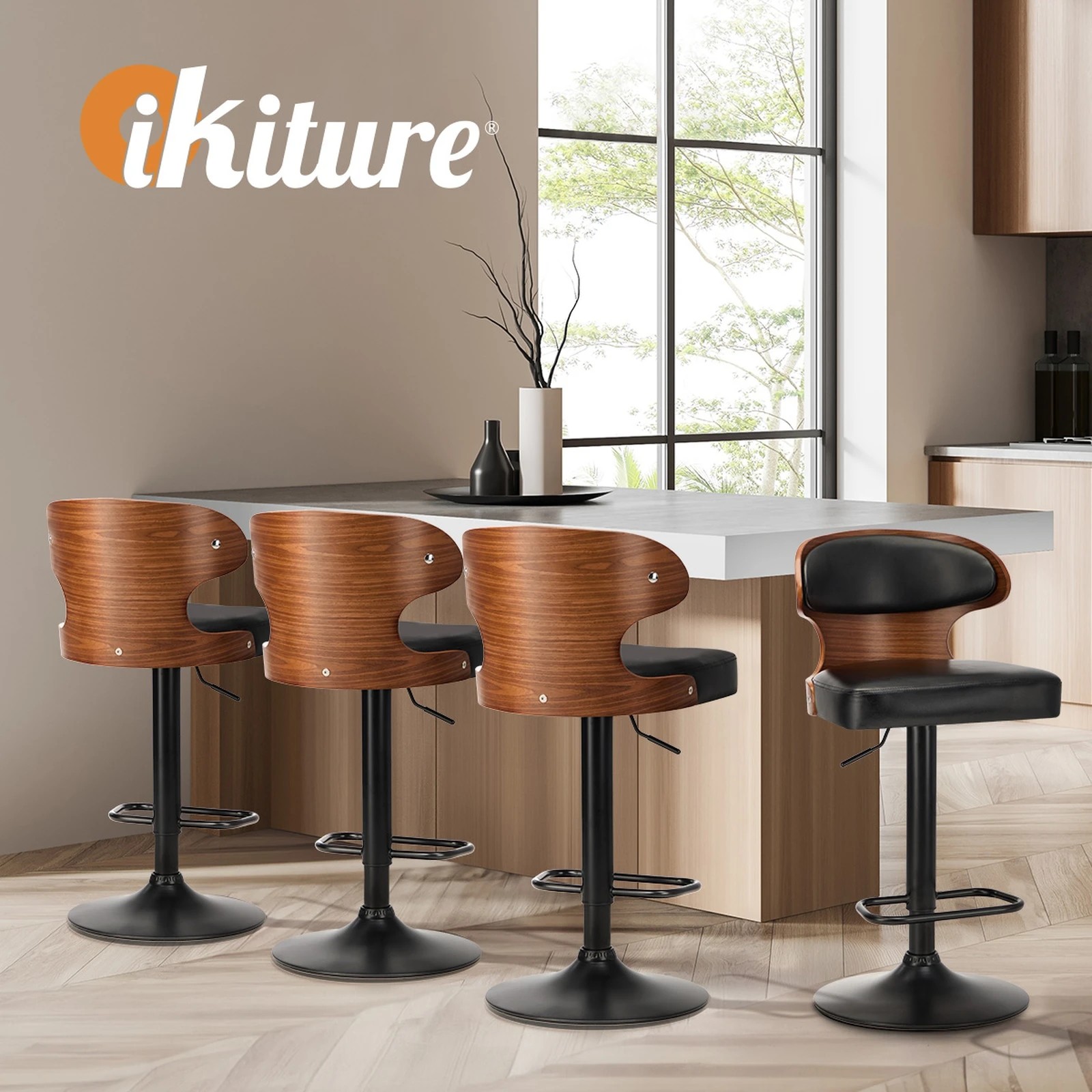 6 Oikiture 2x Bar Stools Kitchen Gas Lift Swivel Chairs Stool Wooden Barstool - Black, 6 of 9