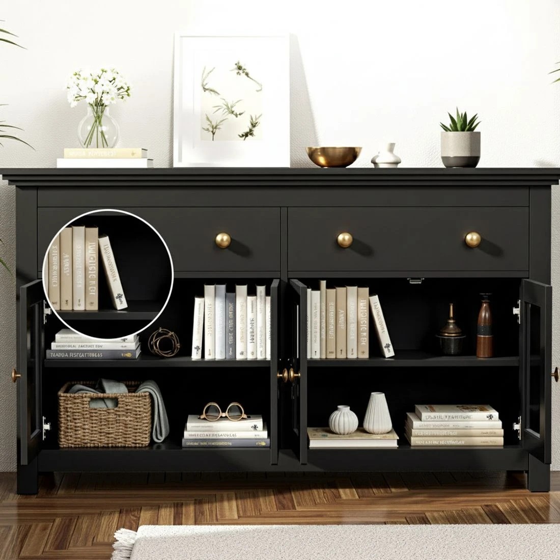 5 Artiss Buffet Sideboard Storage Cabinet Kitchen Cupboard Clear Door Drawer - Black, 5 of 5