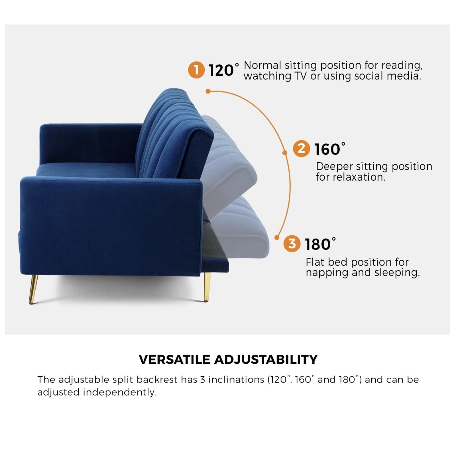 4 Oikiture Sofa Bed 3-seater Recliner Convertible Lounge Couch Sofabed Velvet
 - Blue, 4 of 10