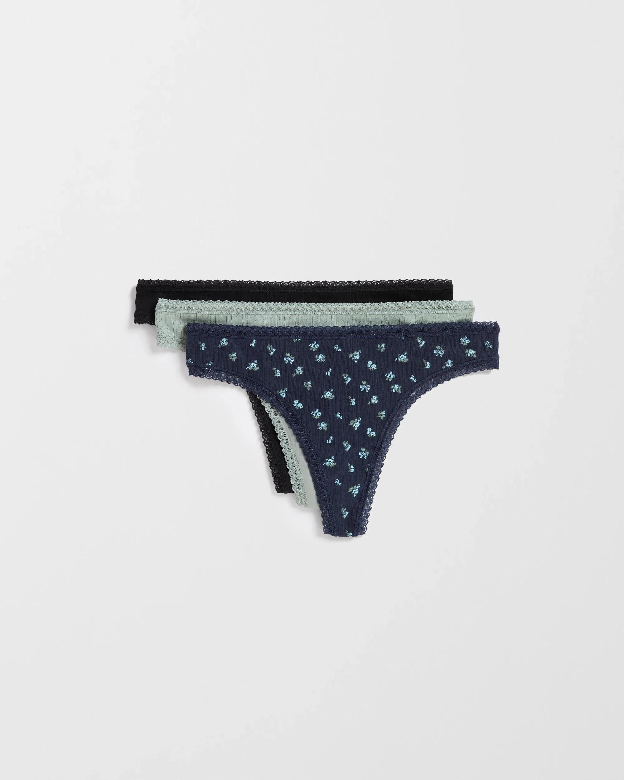 1 Lily Loves Australian Cotton 3 Pack Pointelle G-String Briefs BLACK/GREEN MILIEU/NAVY ROSE DITSY, 1 of 3