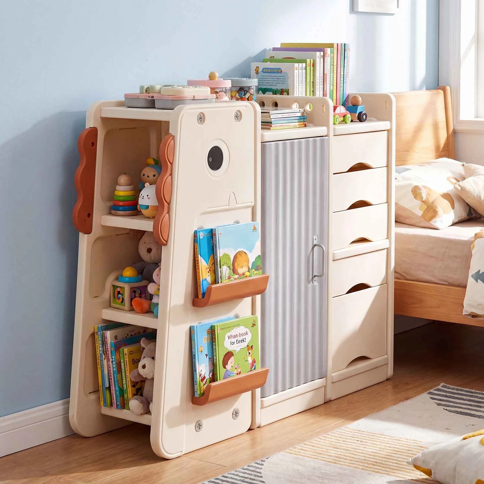 3 Costway Bookshelf Toy Cabinet Storage Organizer Dinosaur Toy Box Chest 3-Tier Shelf - Beige, 3 of 3