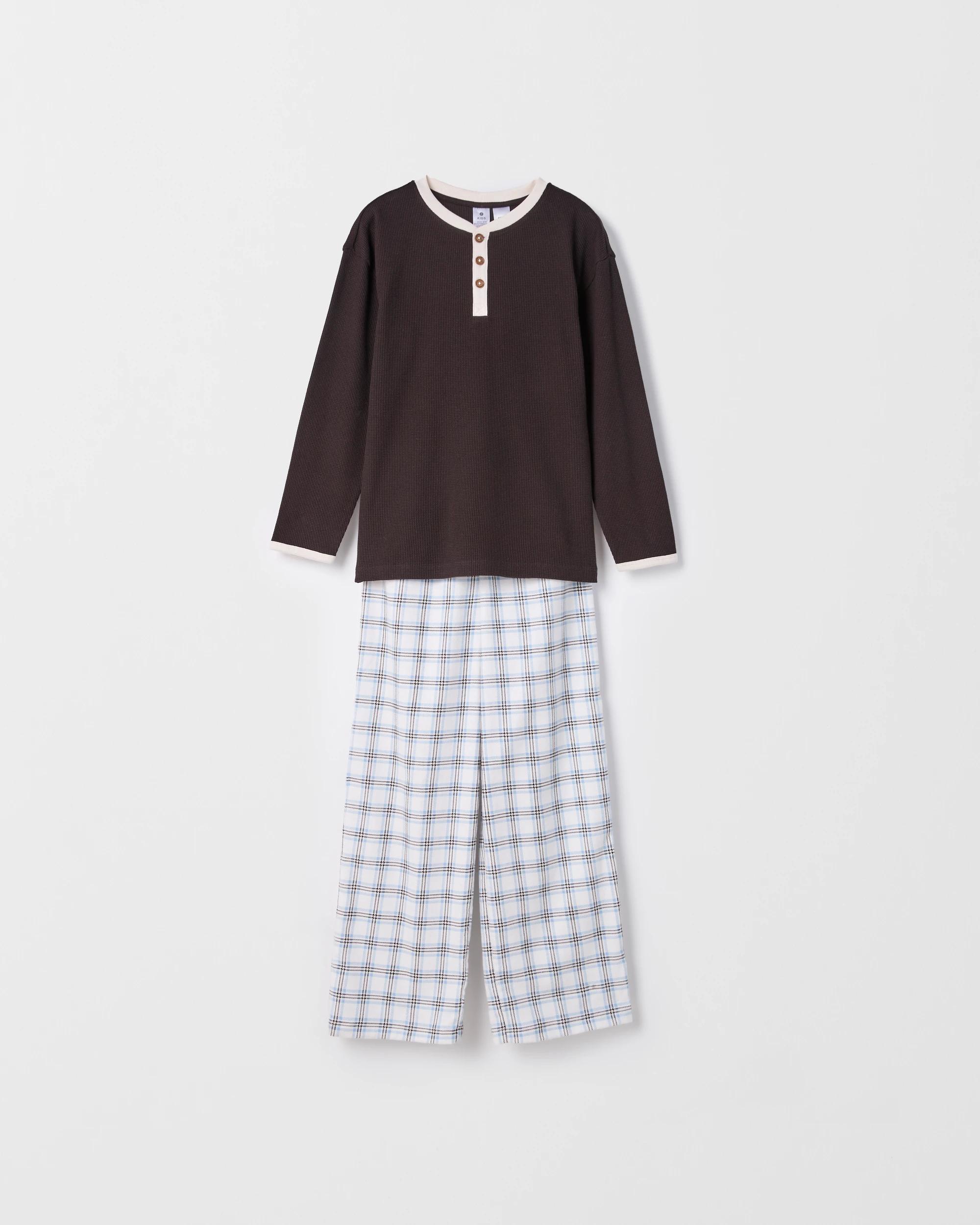 4 Target Kids Australian Cotton Older Boys Henley Top and Flannel Pants Pyjama Set BLACK CHECK, 4 of 7