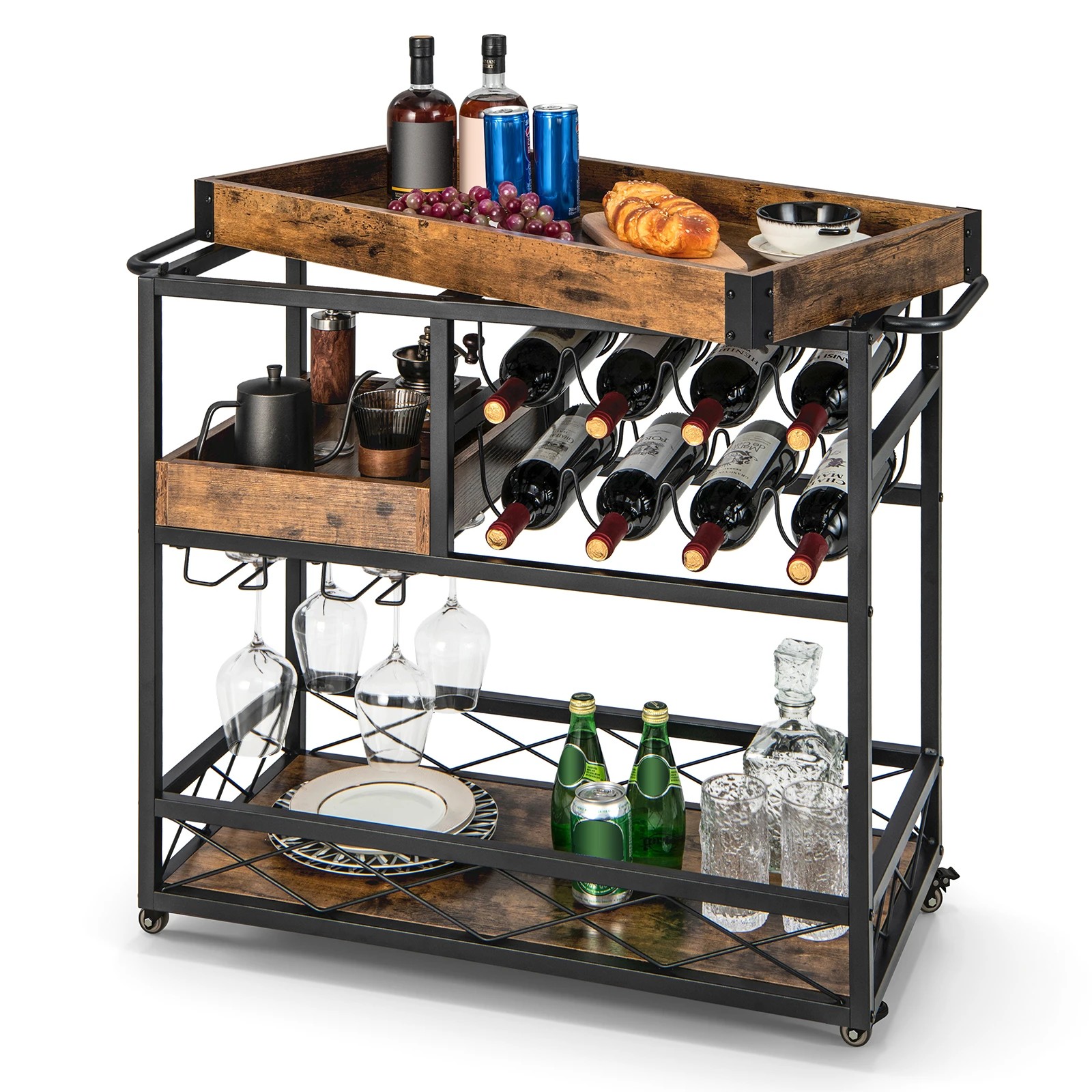 5 Costway 3-Tier Bar Cart Trolley w/Wine Rack, 5 of 5