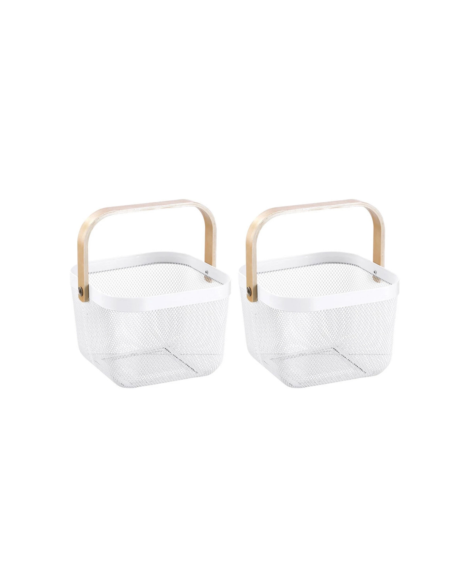 1 Boxsweden 2PK Mesh Storage Basket Birch Wood Handle Durable 25x25x17cm - White, 1 of 5