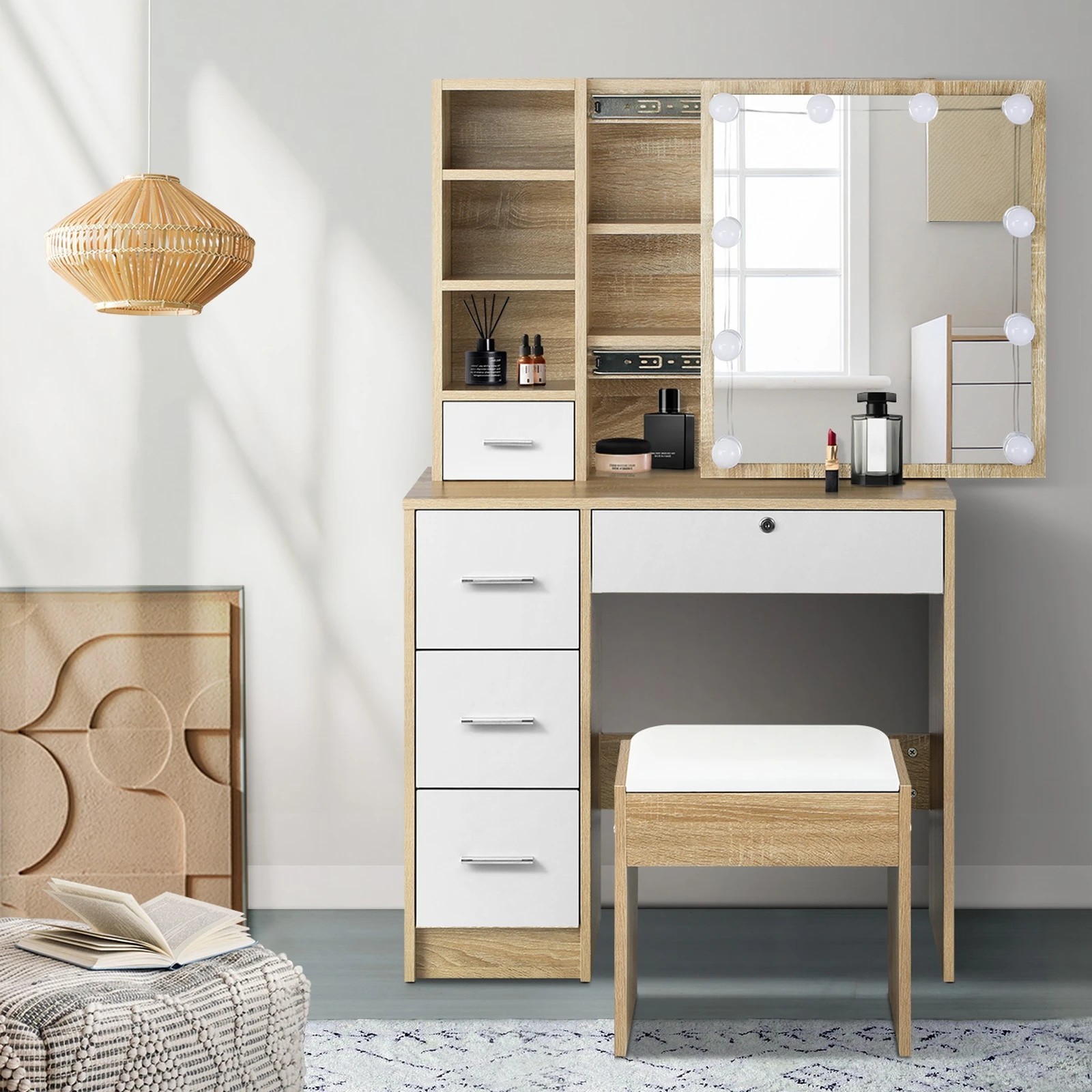 3 Oikiture Dressing Table Stool Set Slide Mirror Drawer 10 Led Bulbs
 - Multi, 3 of 9