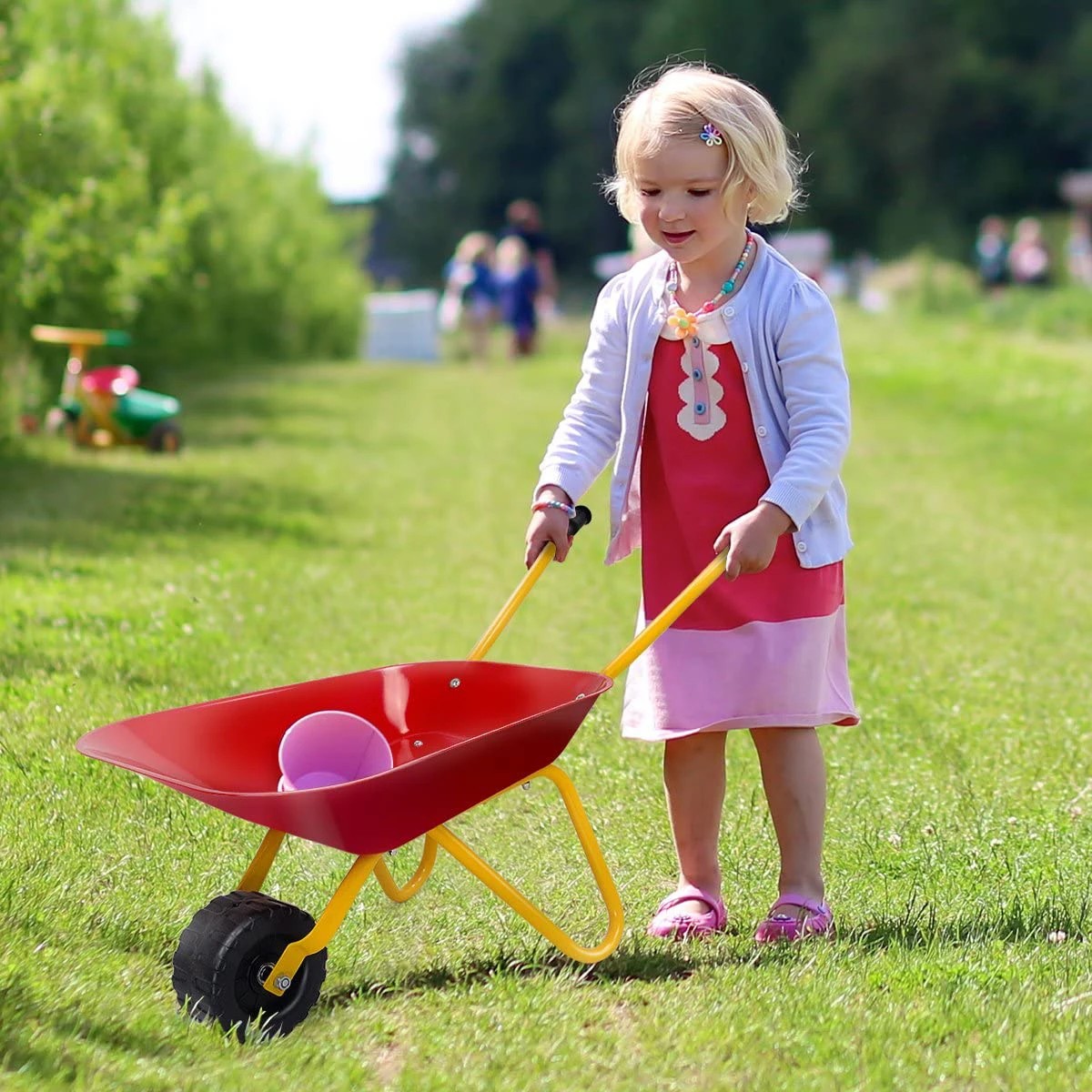 2 Costway Rolling Metal Wheelbarrow Dump Cart Outdoor Garden Yard Play Toy - Red, 2 of 2