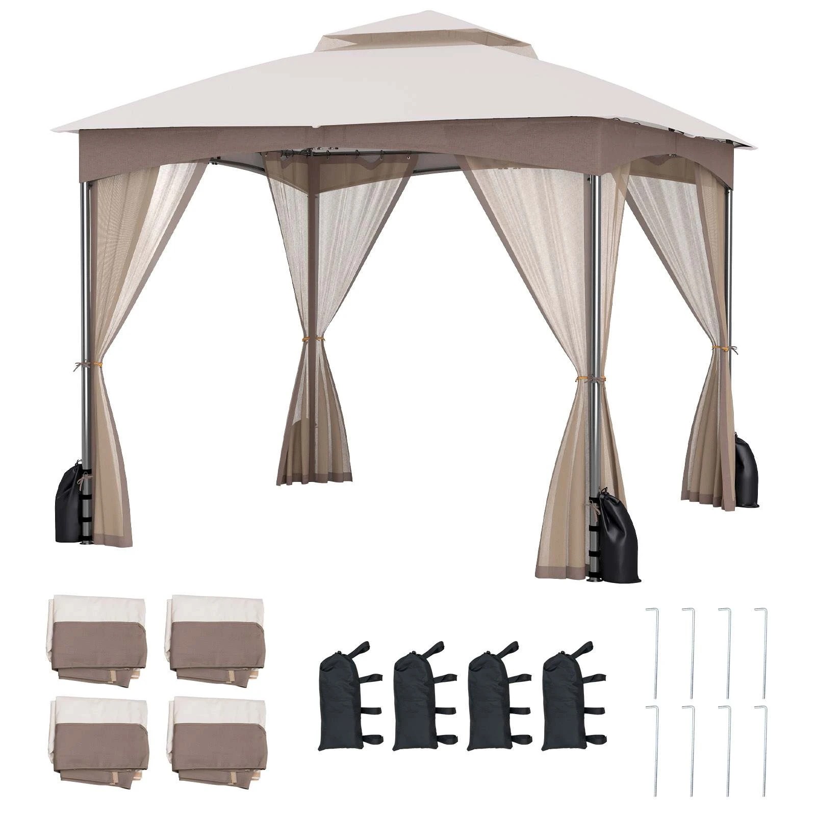 1 Costway 3X3M Patio Gazebo Shelter Soft Top Outdoor Double Roof Marquee Canopy Tent - Brown, 1 of 2
