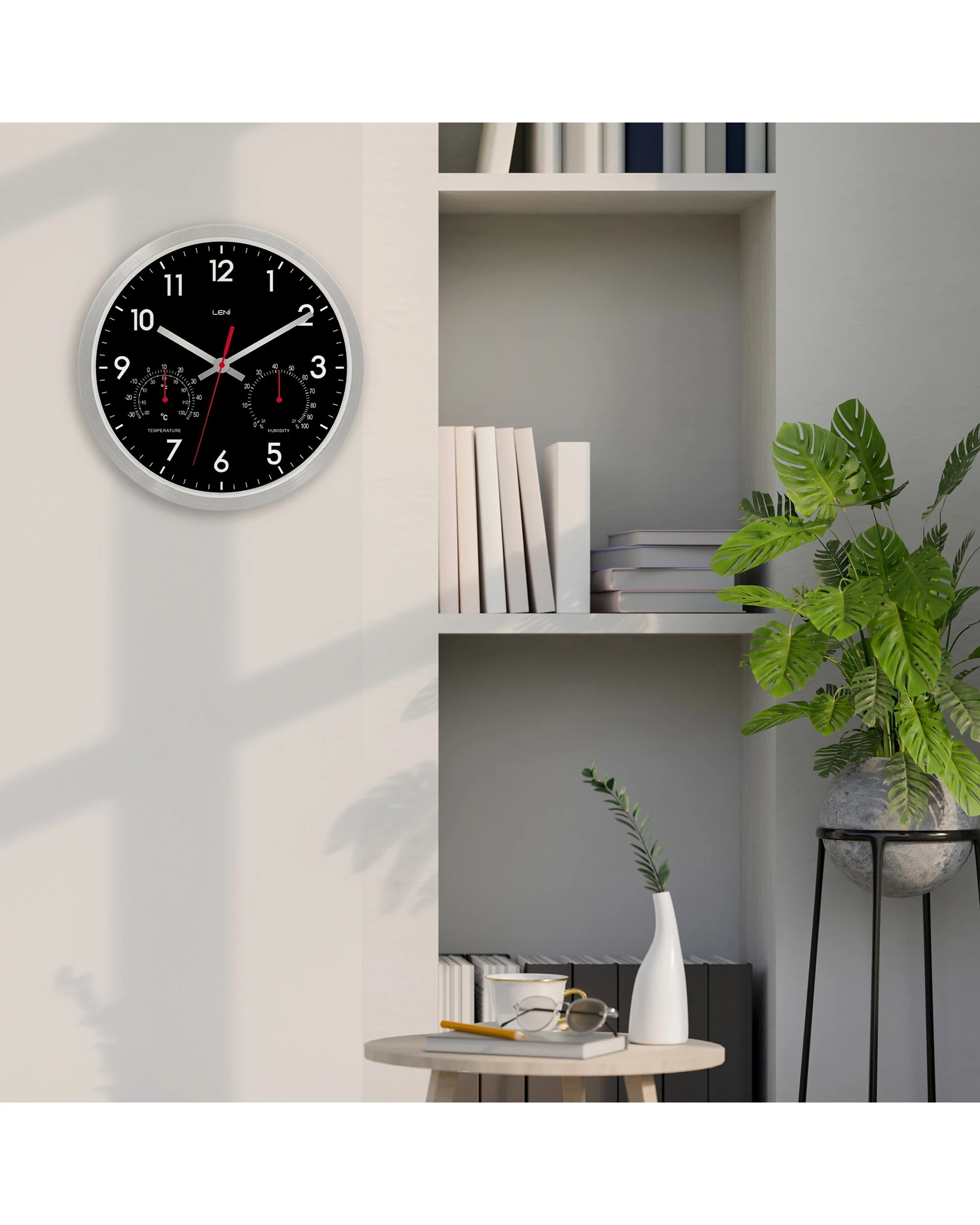 4 Leni 25cm Aluminium Wall Clock With Temperature And Humidity Silent Black - Black, 4 of 4