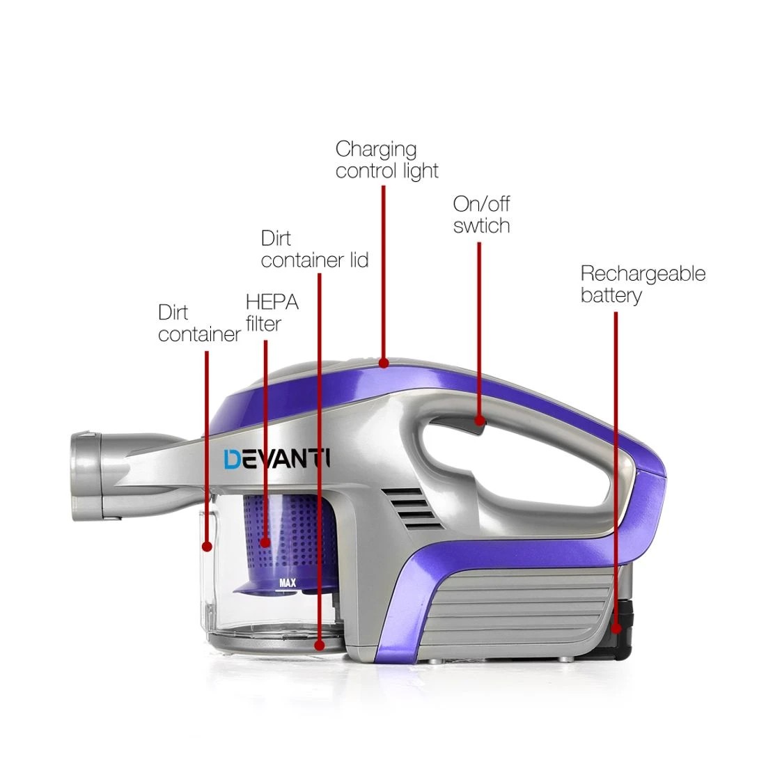 8 Devanti Stick Vacuum Cleaner Bagless Cordless 150W Purple - Purple, 8 of 9