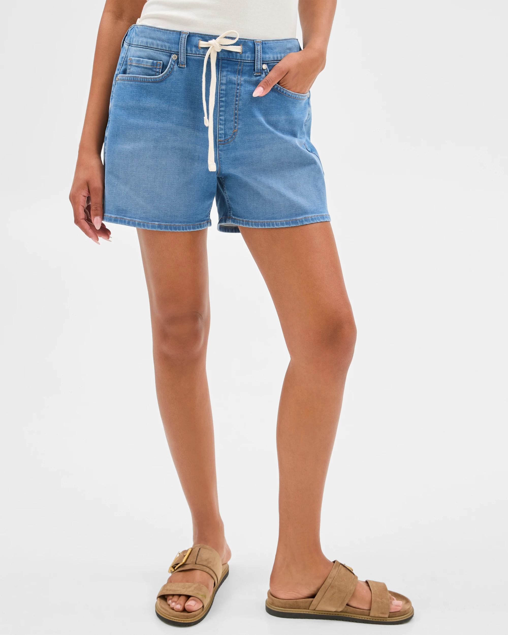 3 Target Tie Waist Knit Denim Shorts OLD SCHOOL BLUE, 3 of 6