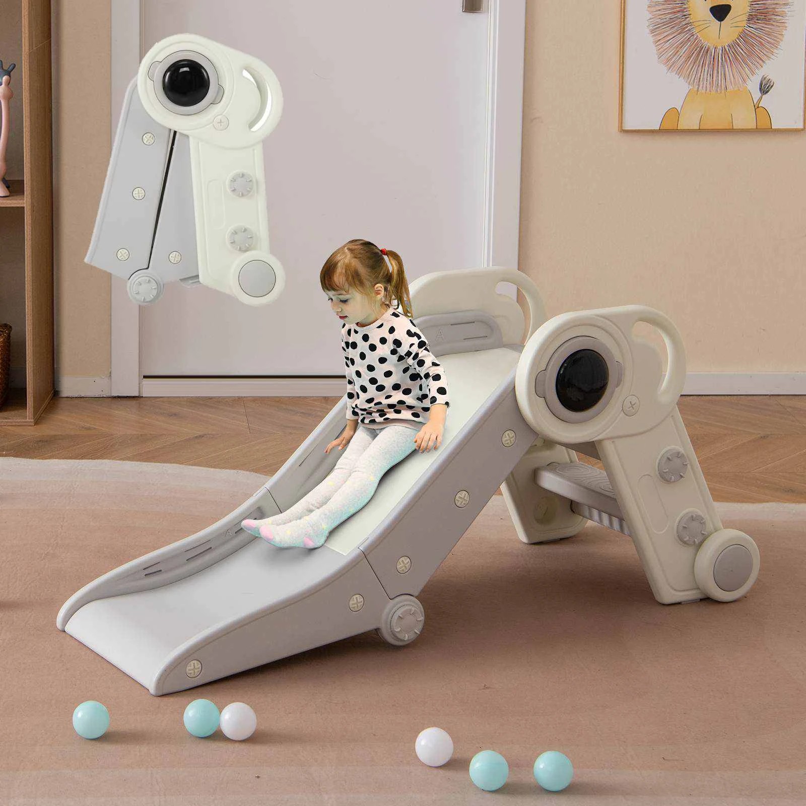 2 Costway 2-in-1 Foldable Slide w/Climber Indoor Playground Climb Playset - Grey, 2 of 3