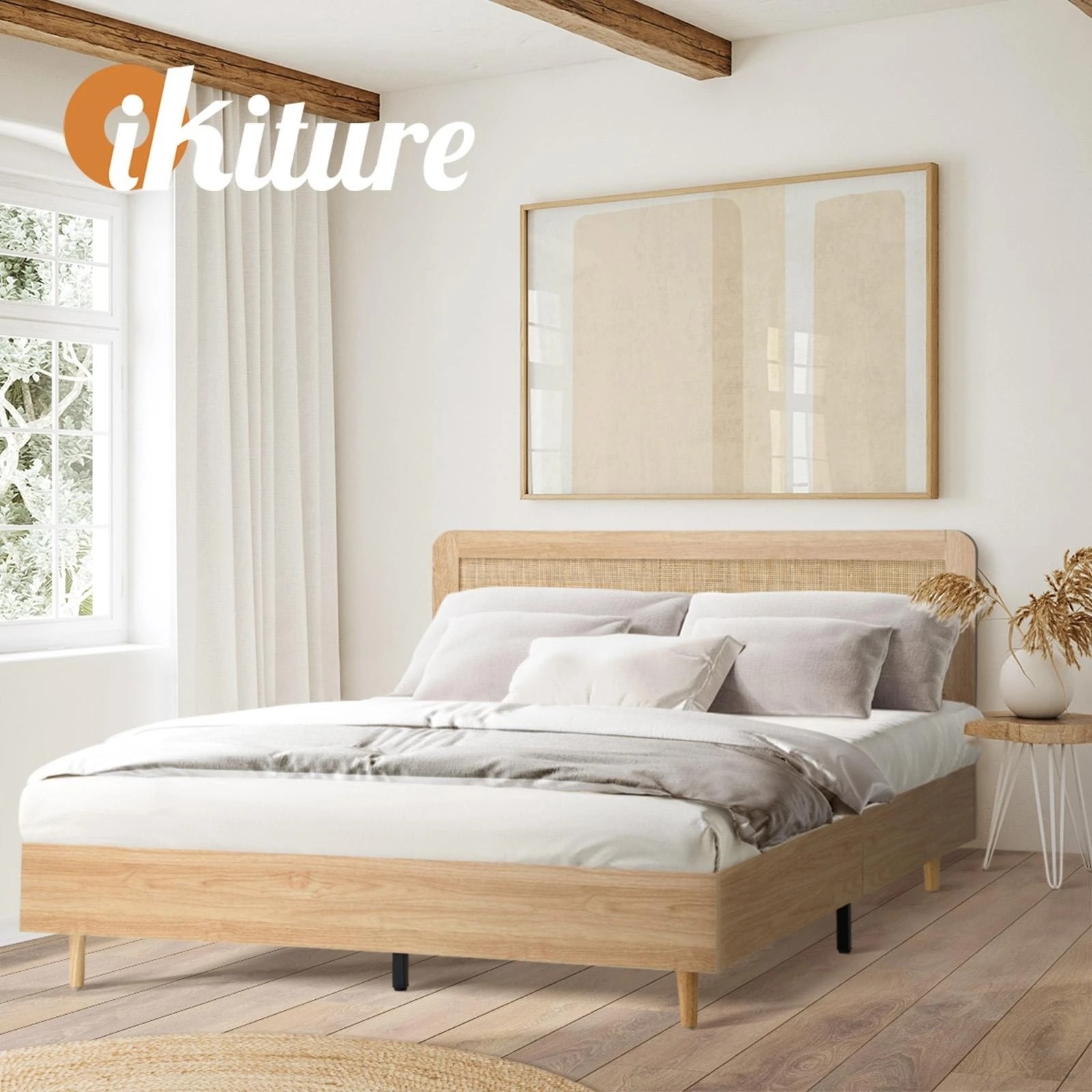 9 Oikiture King Bed Wooden Bed Frame With Rattan Headboard
 - Natural, 9 of 10