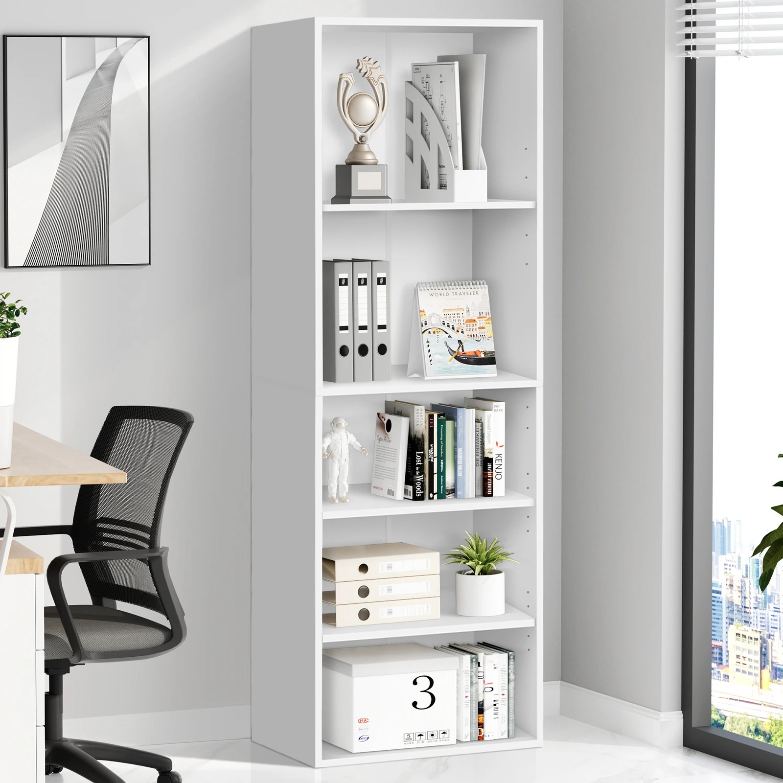 2 Alfordson Office Storage Cabinet 5 Shelves Bookcase Tallboy Bedroom - White, 2 of 9