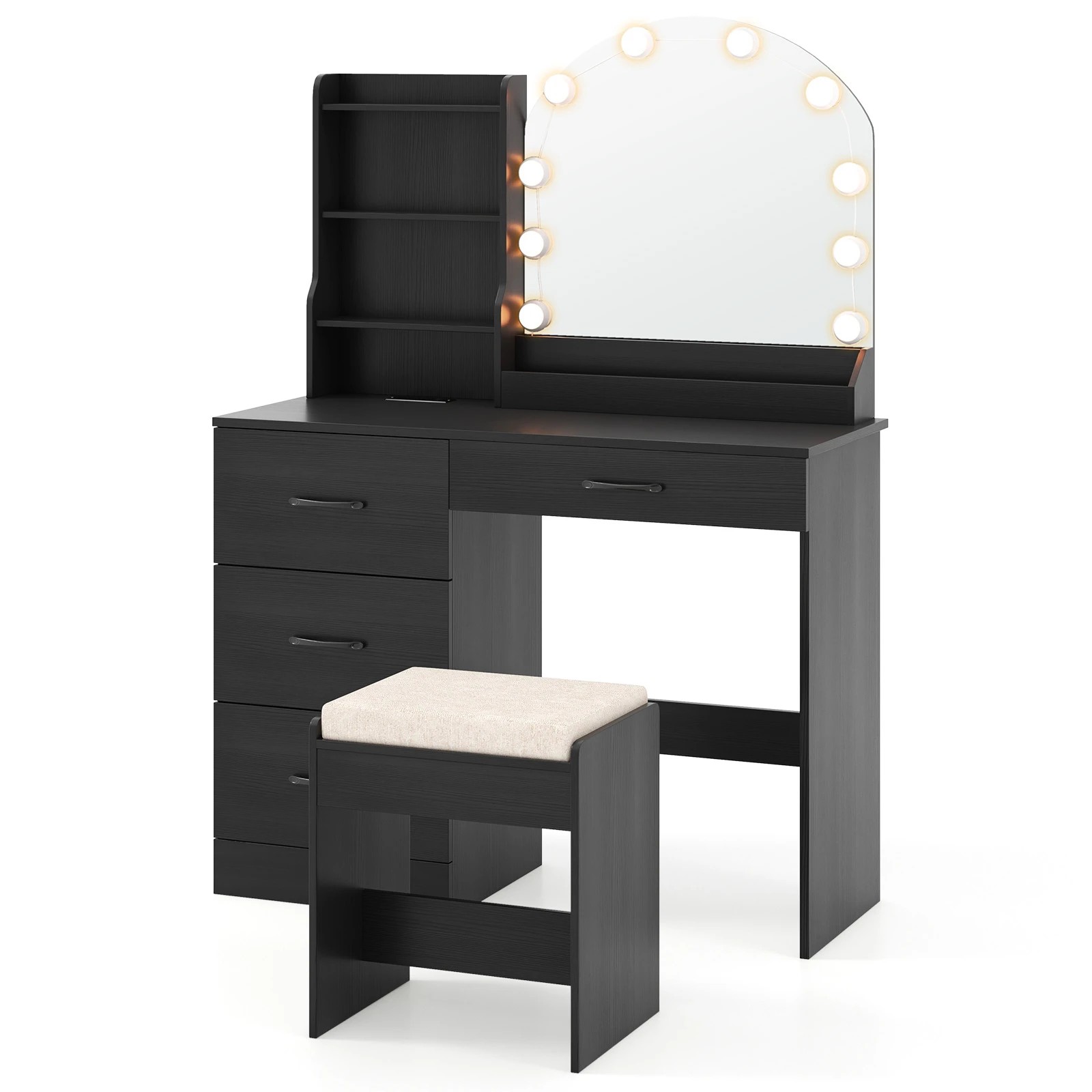 1 Costway 3-Color LED Dressing Table Stool Set w/Charging Station Makeup Vanity Desk Set, 1 of 4