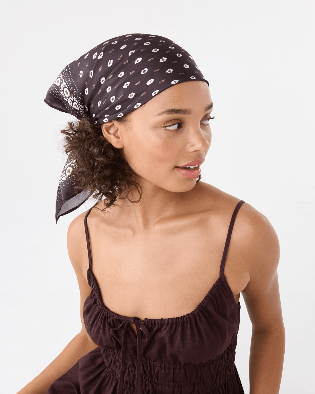 6 Ditsy Flower Print Hair Scarf - Brown, 6 of 10