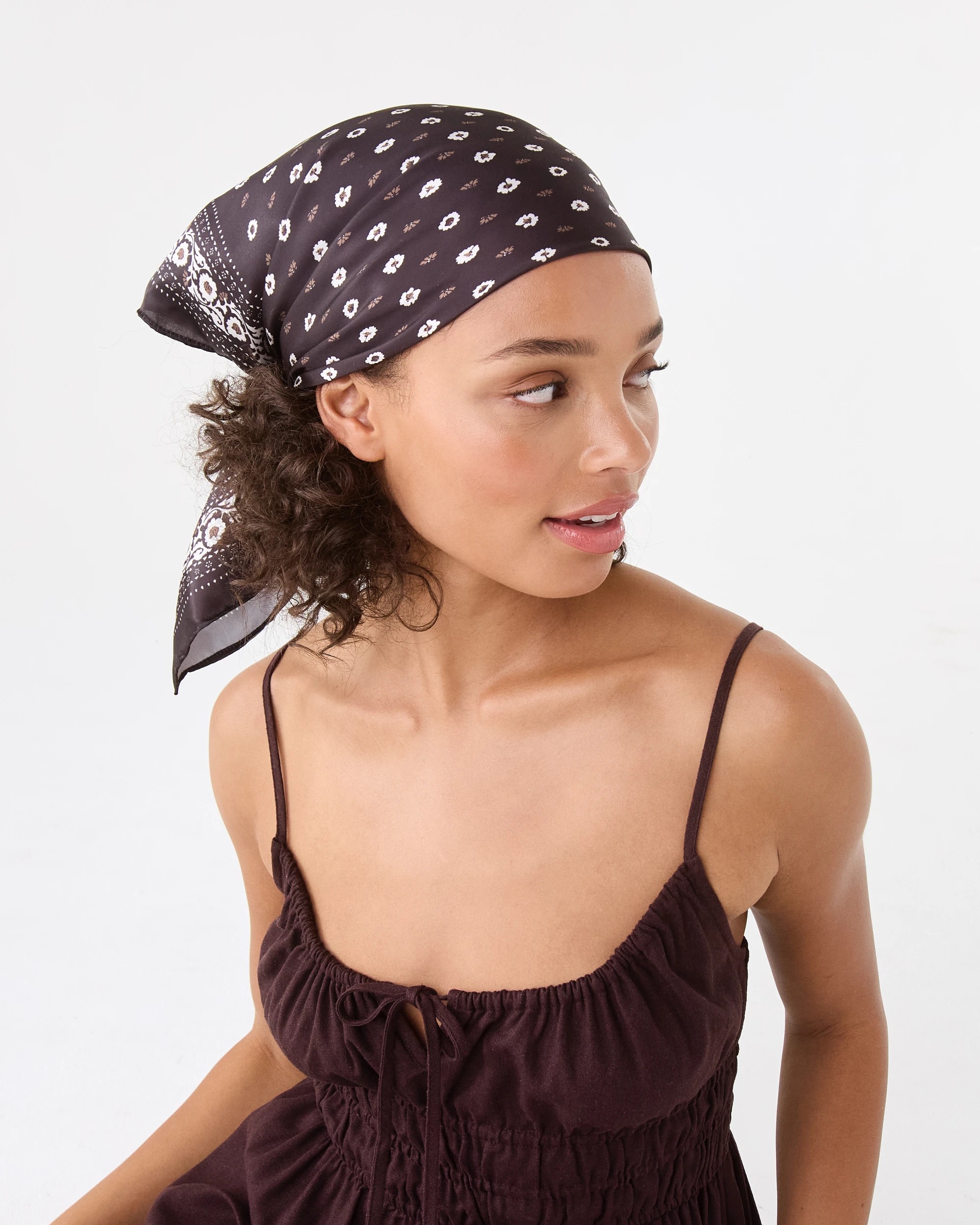 7 Ditsy Flower Print Hair Scarf - Brown, 7 of 11