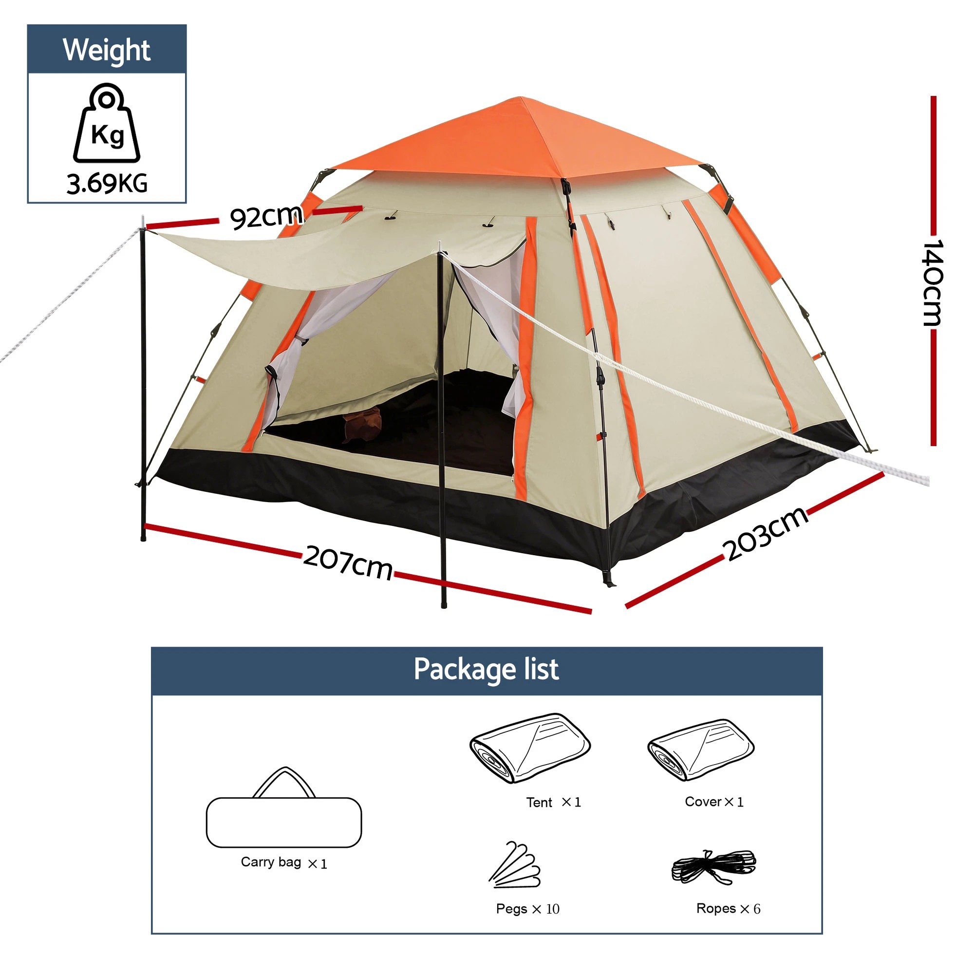 2 Weisshorn Pop Up Camping Tent 3-4 Person Automatic Tent Instant Setup Waterproof - Beige, 2 of 9