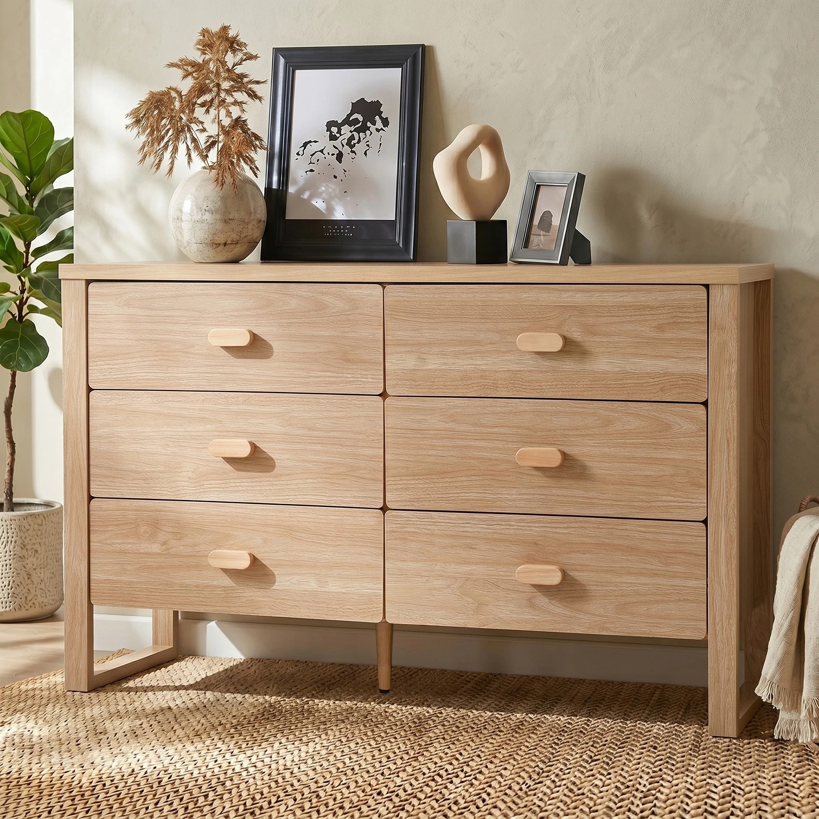3 Oikiture 6 Chest of Drawers Dresser Lowboy Storage Desk Bedroom - Natural, 3 of 6