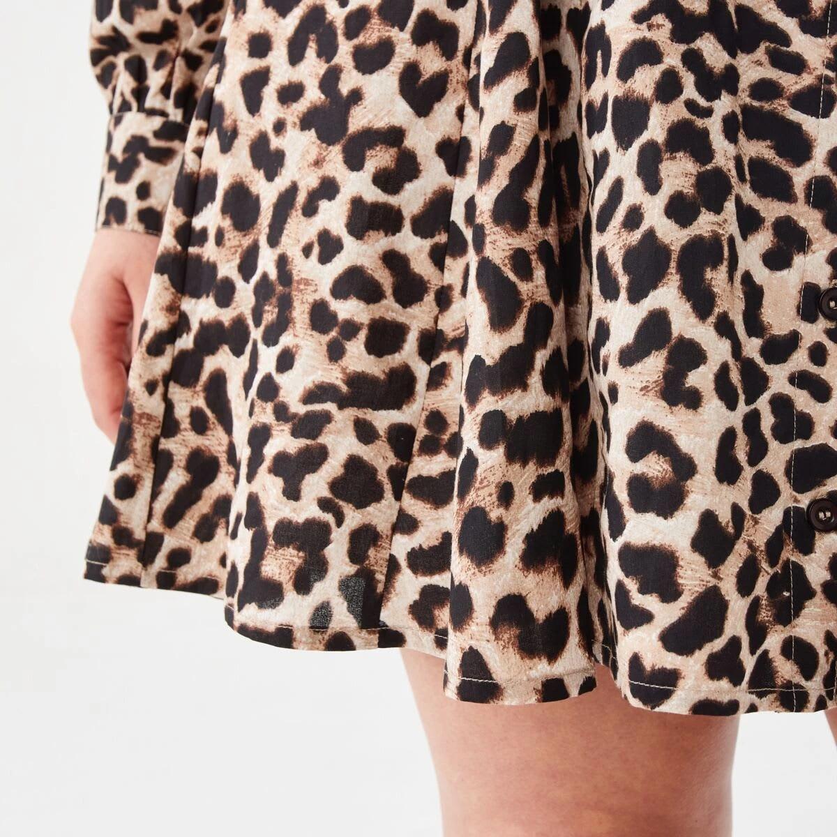 9 Long Sleeve Printed Skater Mini Dress Brwn Leo, 9 of 9
