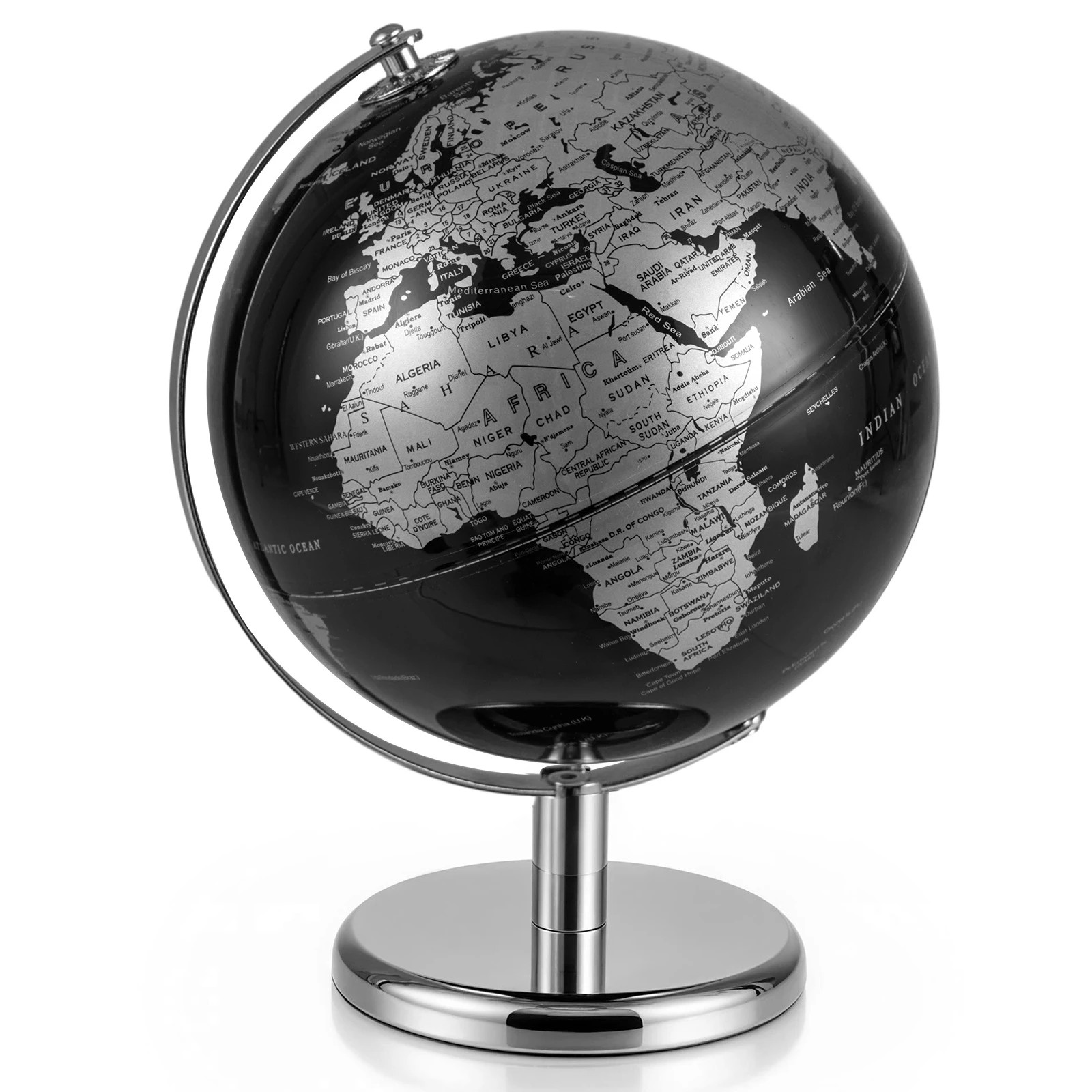 1 Costway 20cm Metallic Black World Globe Rotating Earth Globe - Silver, 1 of 3