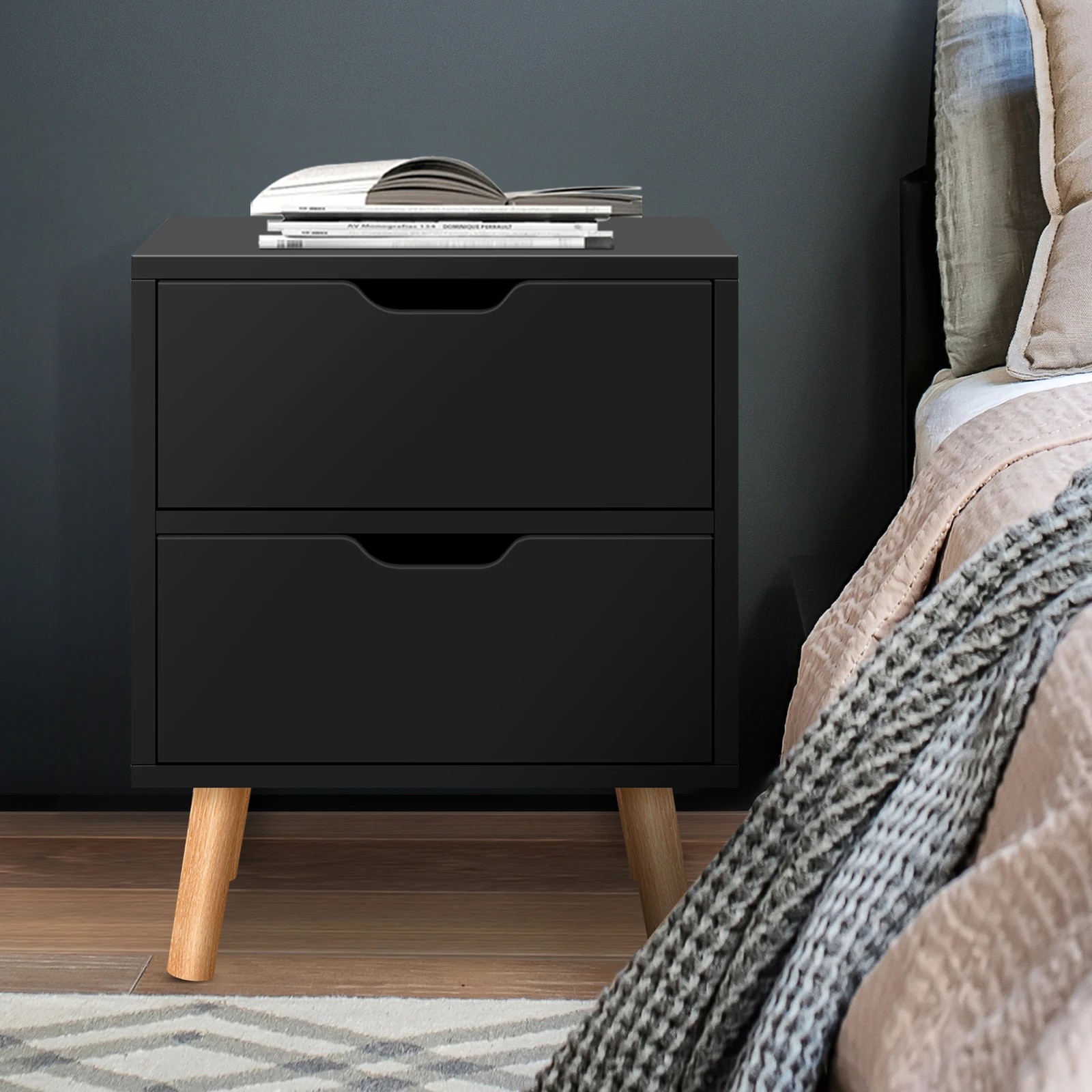 5 Alfordson 2x Bedside Table Nightstand Side Table 2 Drawers - Black, 5 of 10