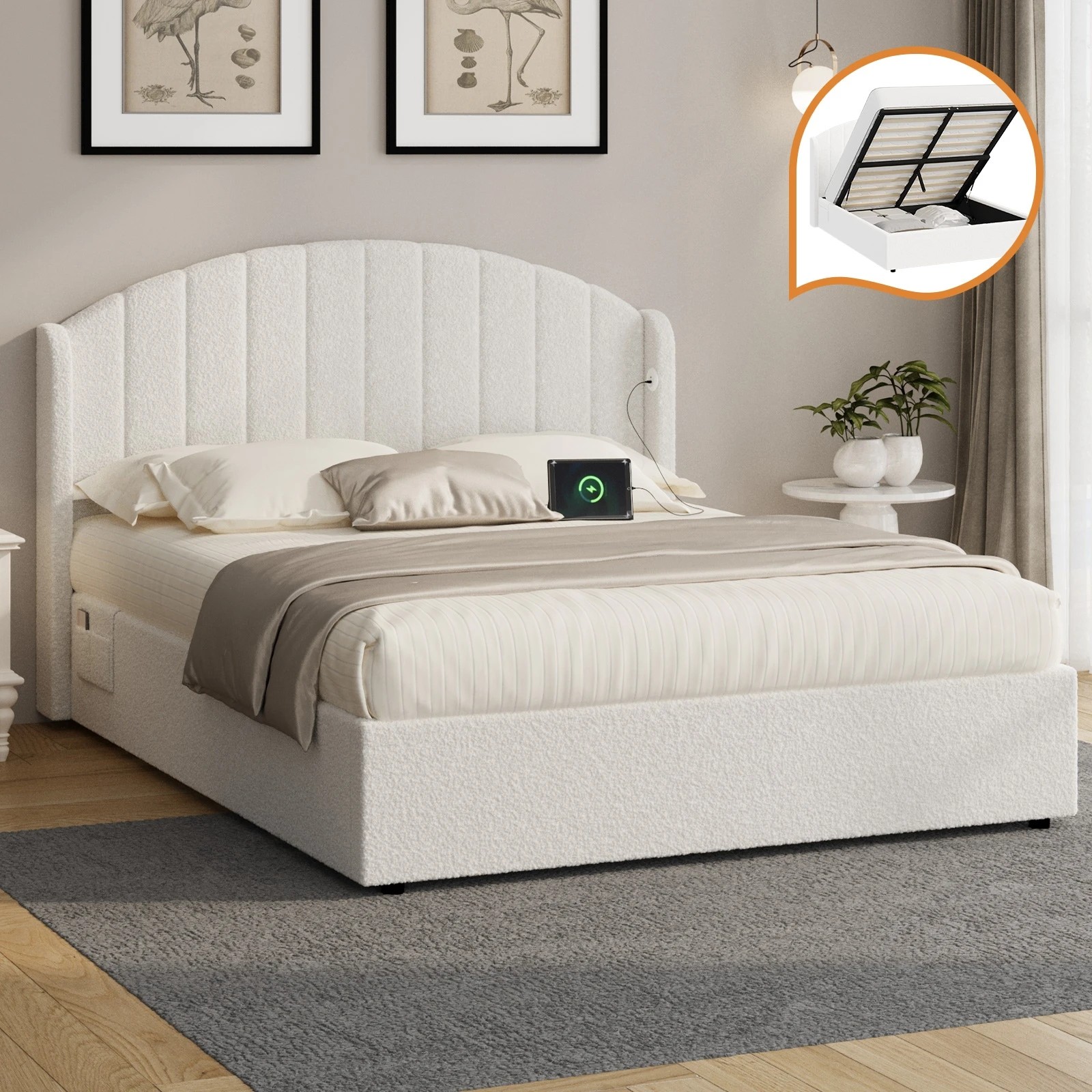 3 Oikiture Bed Frame Queen Size With Gas Lift Storage USB Charging Boucle - White, 3 of 8