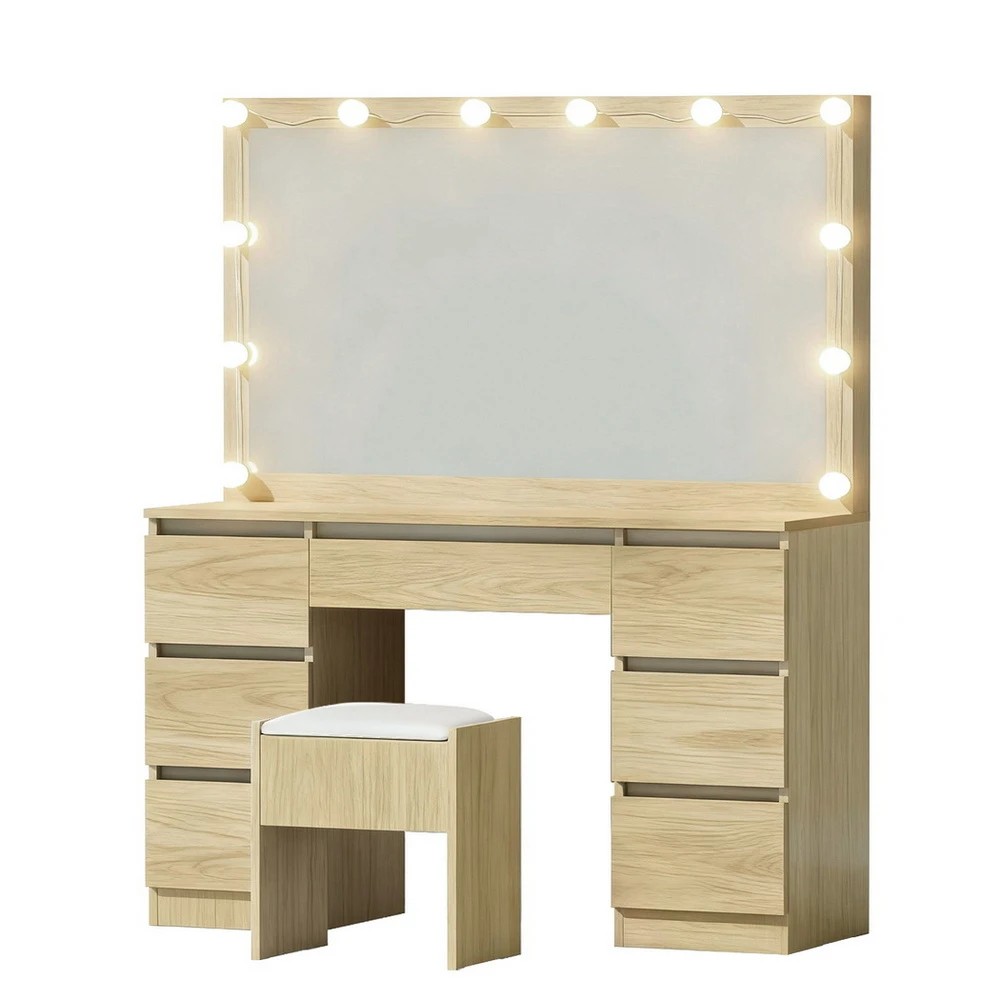 1 Artiss Dressing Table Vanity Desk Set Stool 12 Led Bulbs Wood - Natural, 1 of 8