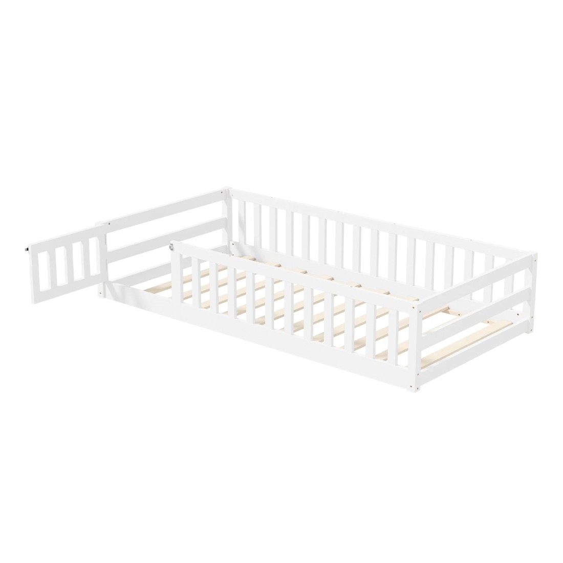 1 Oikiture Single Kids Bed Frame with Gate Fence Wood - White, 1 of 10