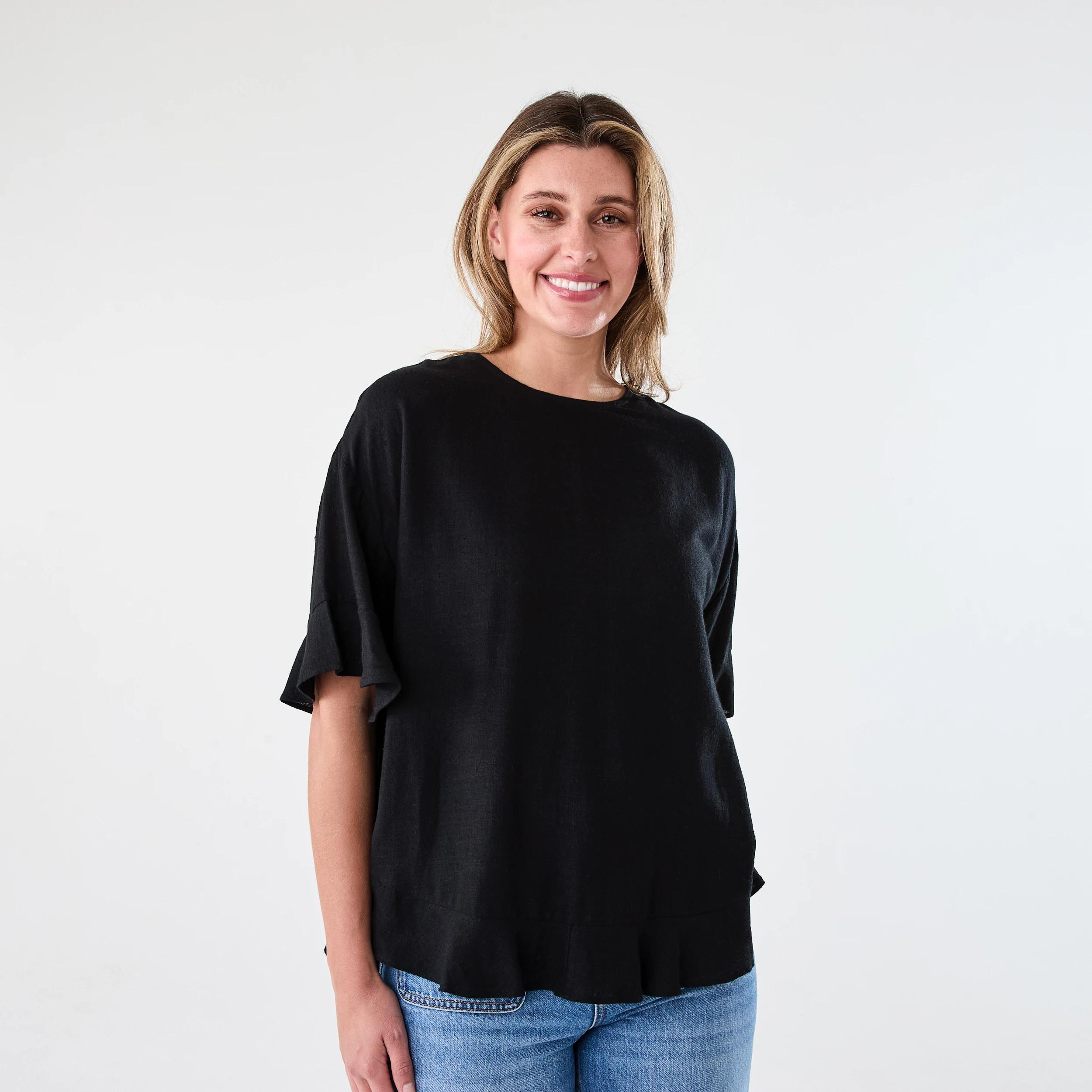 1 Short Sleeve Button Back Relaxed T-shirt Black, 1 of 7
