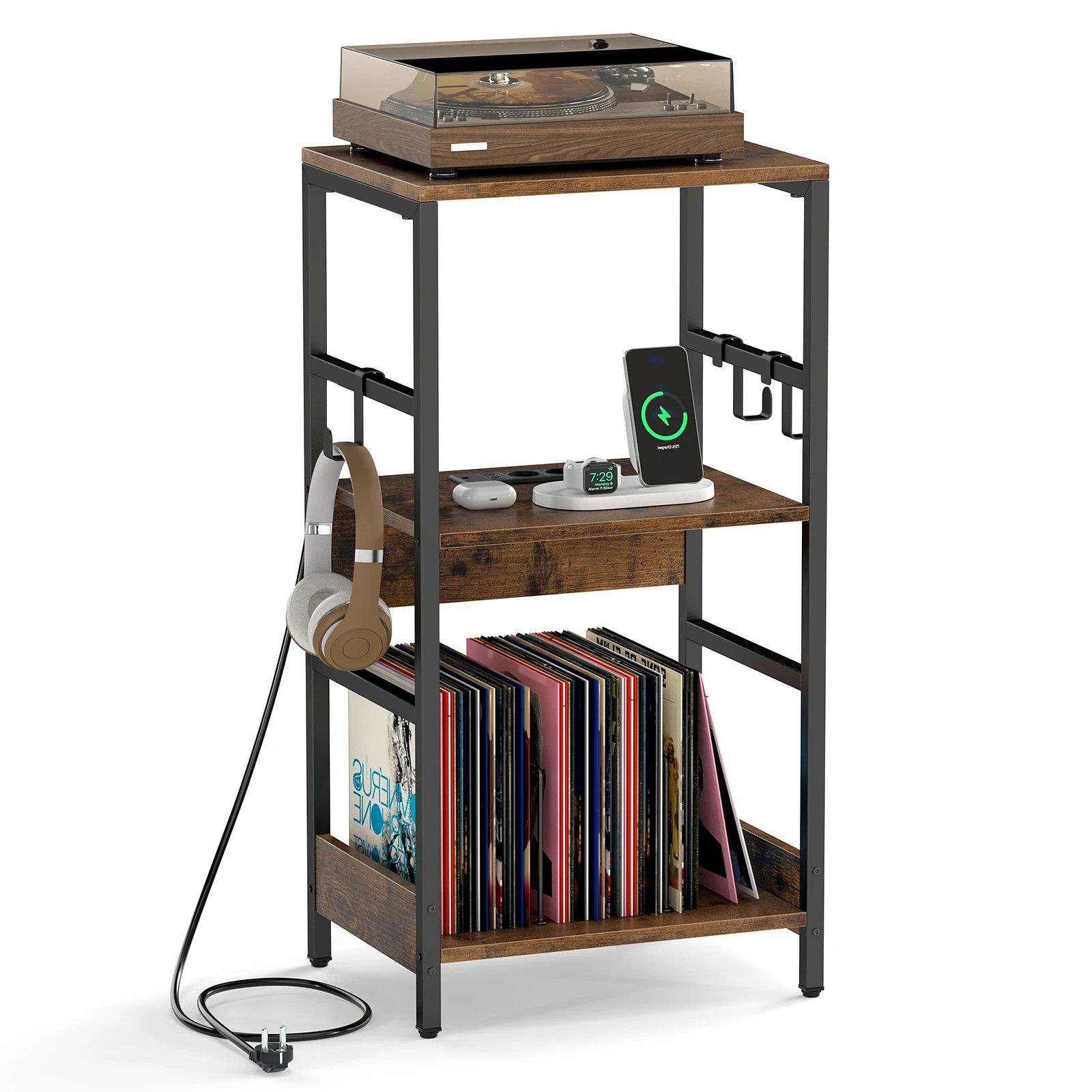 6 Costway 3-Tier Record Player Stand w/Charging Station Vinyl Storage Holder, 6 of 7