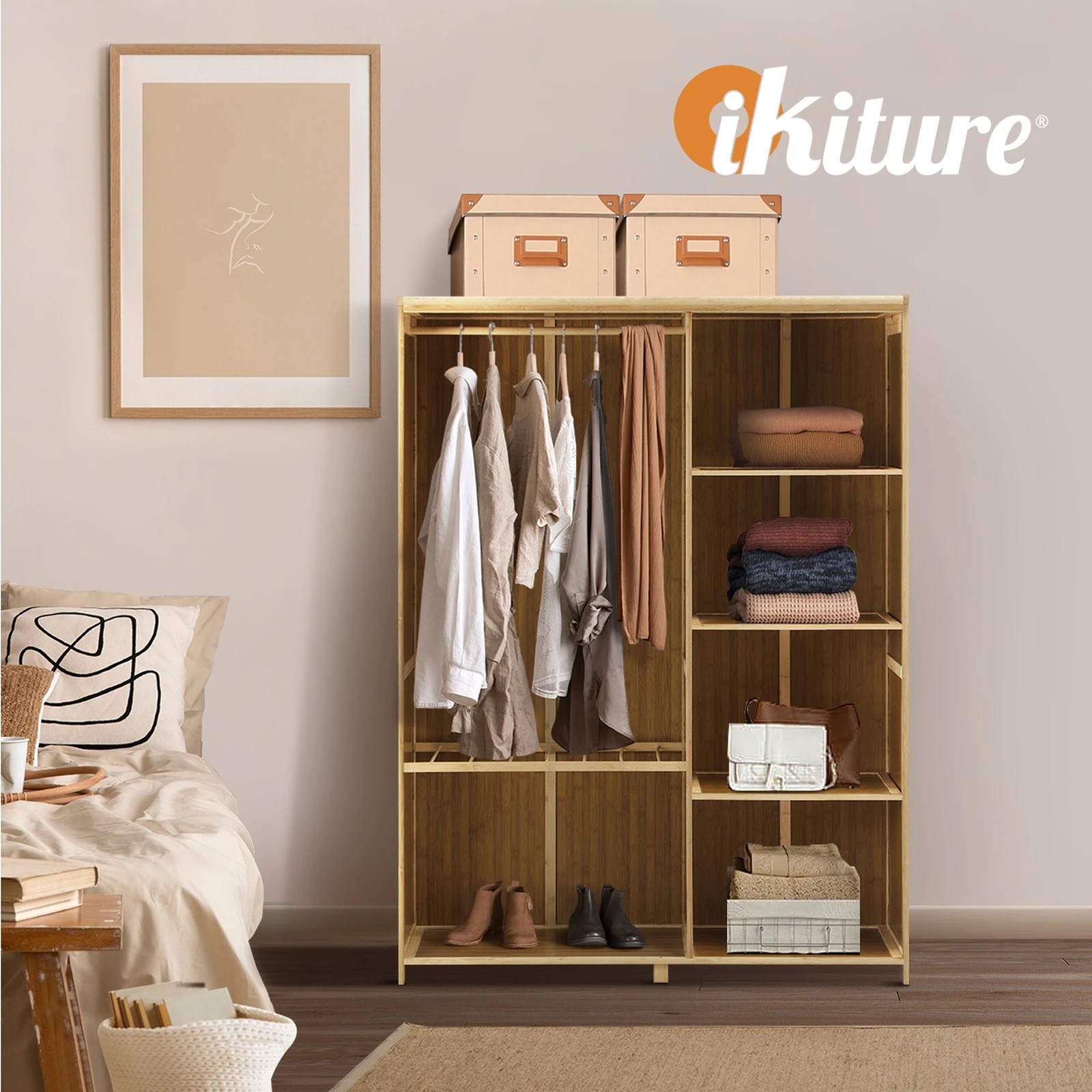5 Oikiture Open Wardrobe Shelf Unit Clothes Storage 5 Shelves Hanging Rail
 - natural, 5 of 10