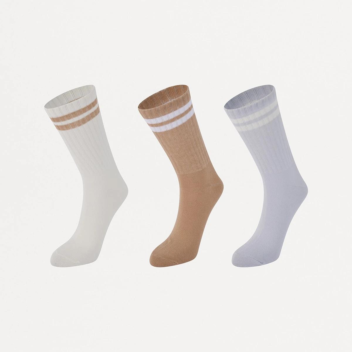 1 3 Pack Chunky Ribbed Full Crew Socks NEUTRAL STRIPE, 1 of 3