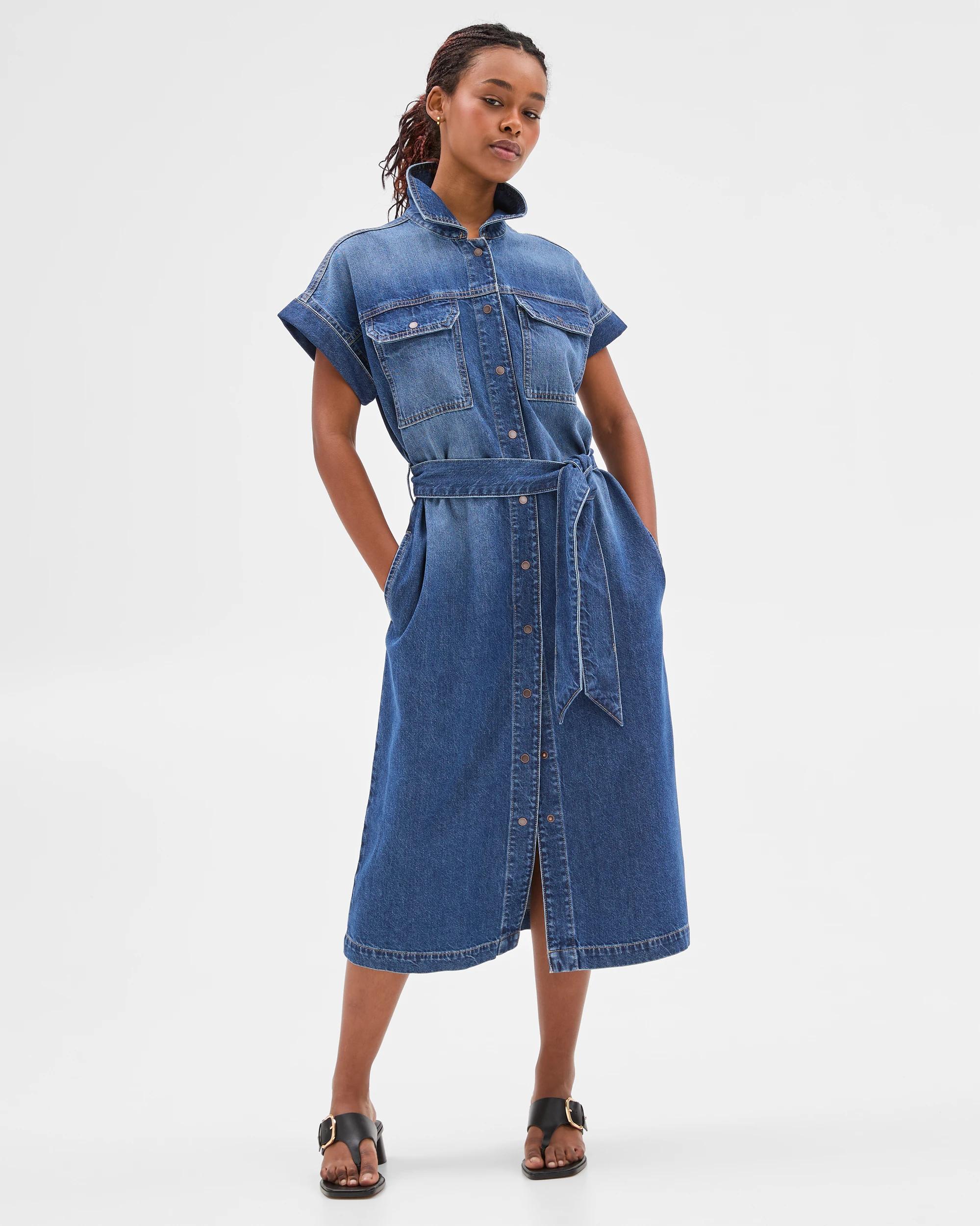 1 Target Petites Midi Denim Shirt Dress MEDITERRANEAN BLUE, 1 of 7