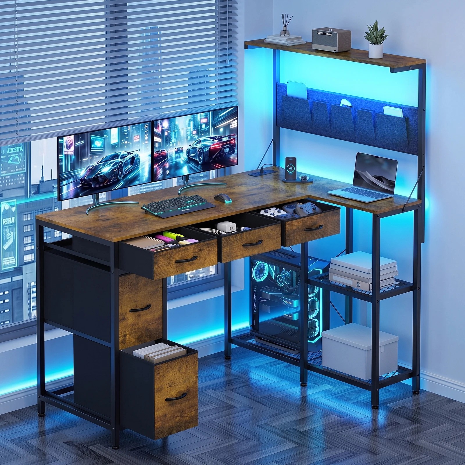 2 Advwin Gaming Desk with Power Outlets Reversible Corner Computer Desk with Storage Shelf Fabric Drawer and Bag - Brown, 2 of 7