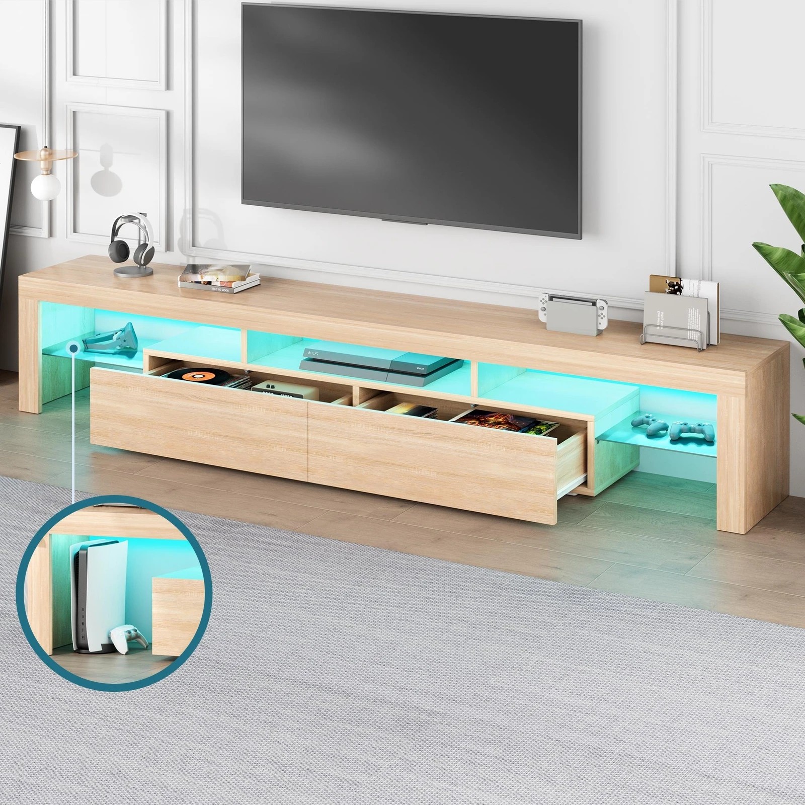 7 Alfordson Entertainment Unit 200cm TV Stand LED Light Storage Drawer - Oak, 7 of 10