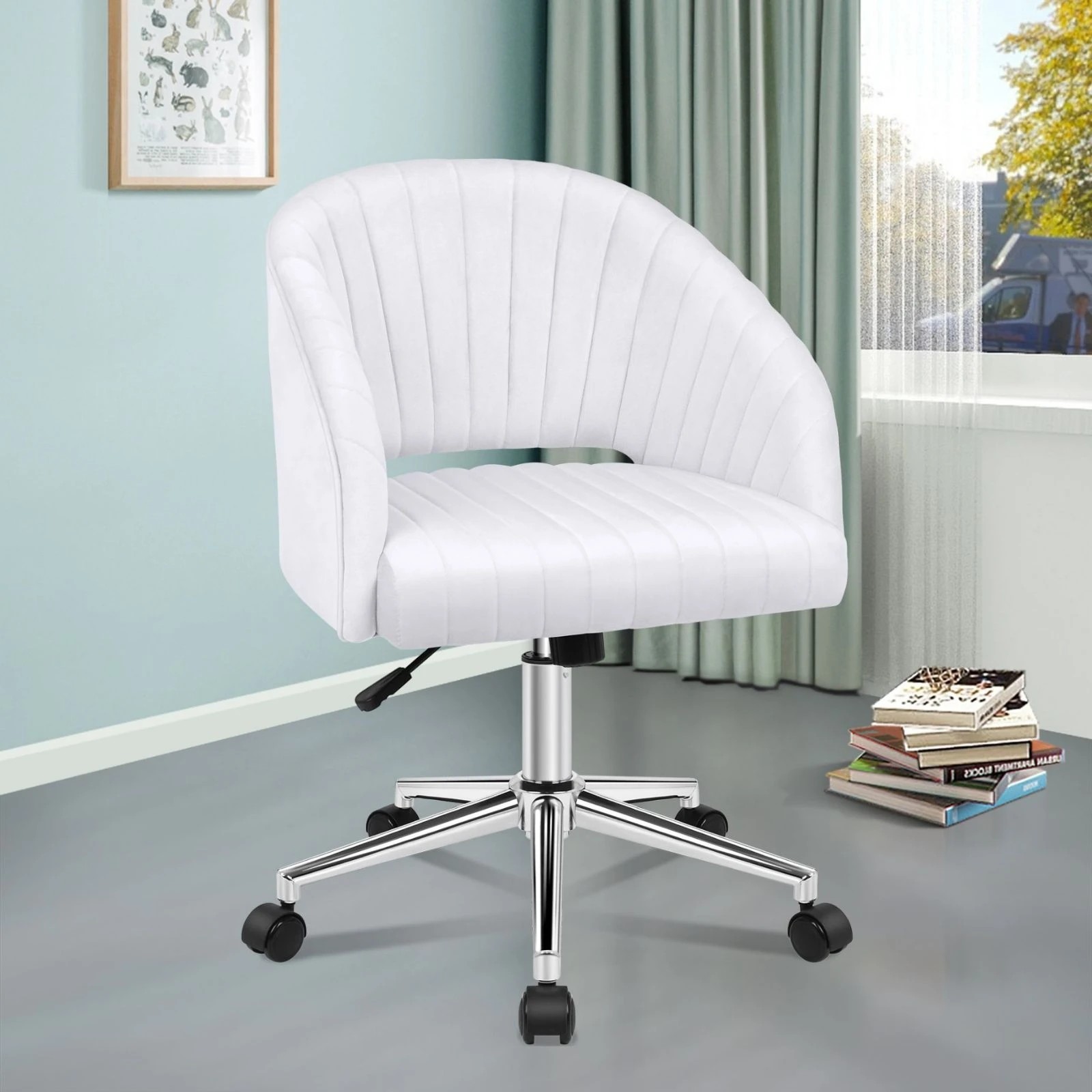 8 Alfordson Velvet Office Chair Swivel Armchair Work Study Seat Adult Kids - White, 8 of 9
