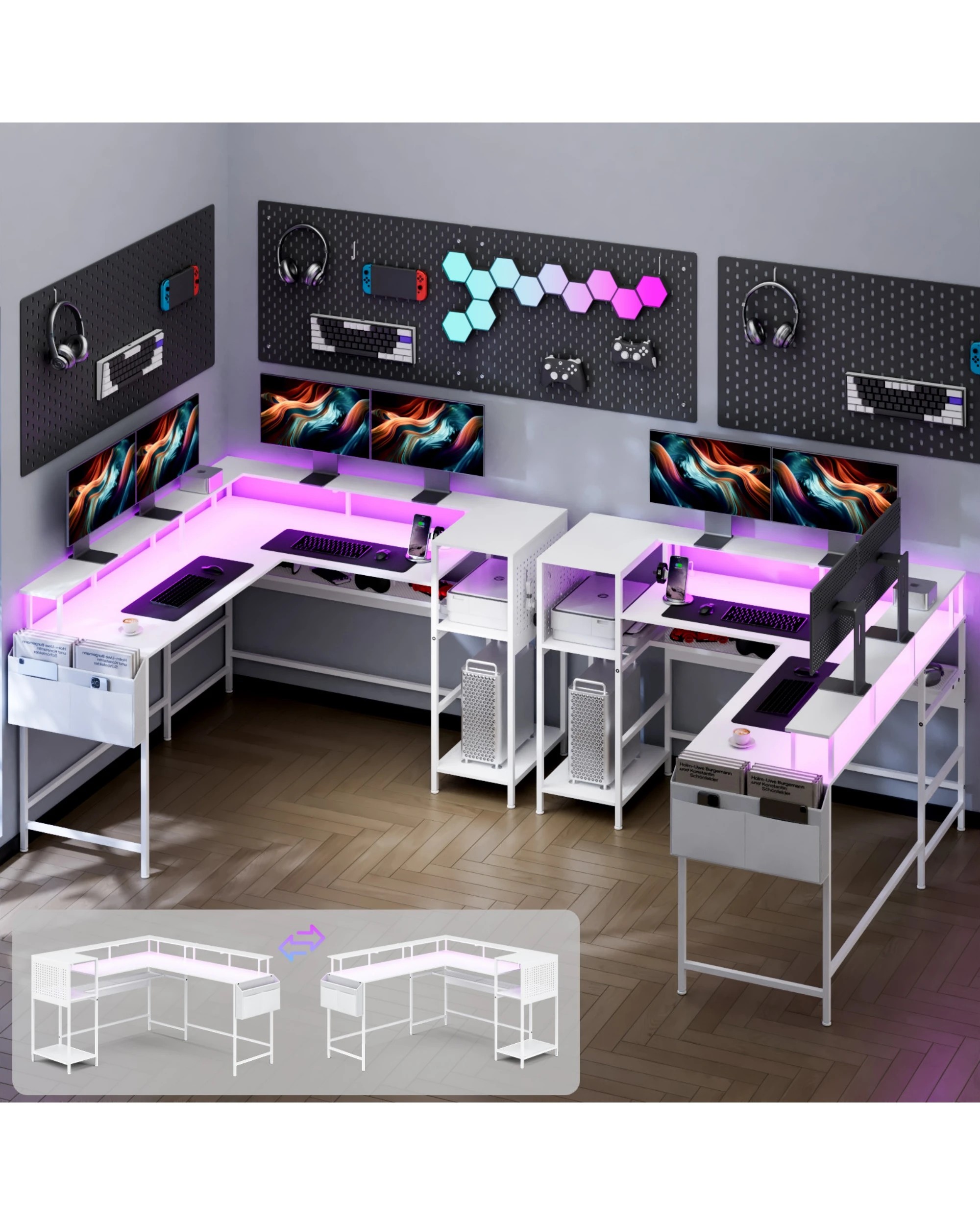 2 Advwin 150cm L Shaped Computer Desk w/ LED Lights & Power Outlets  - White, 2 of 10