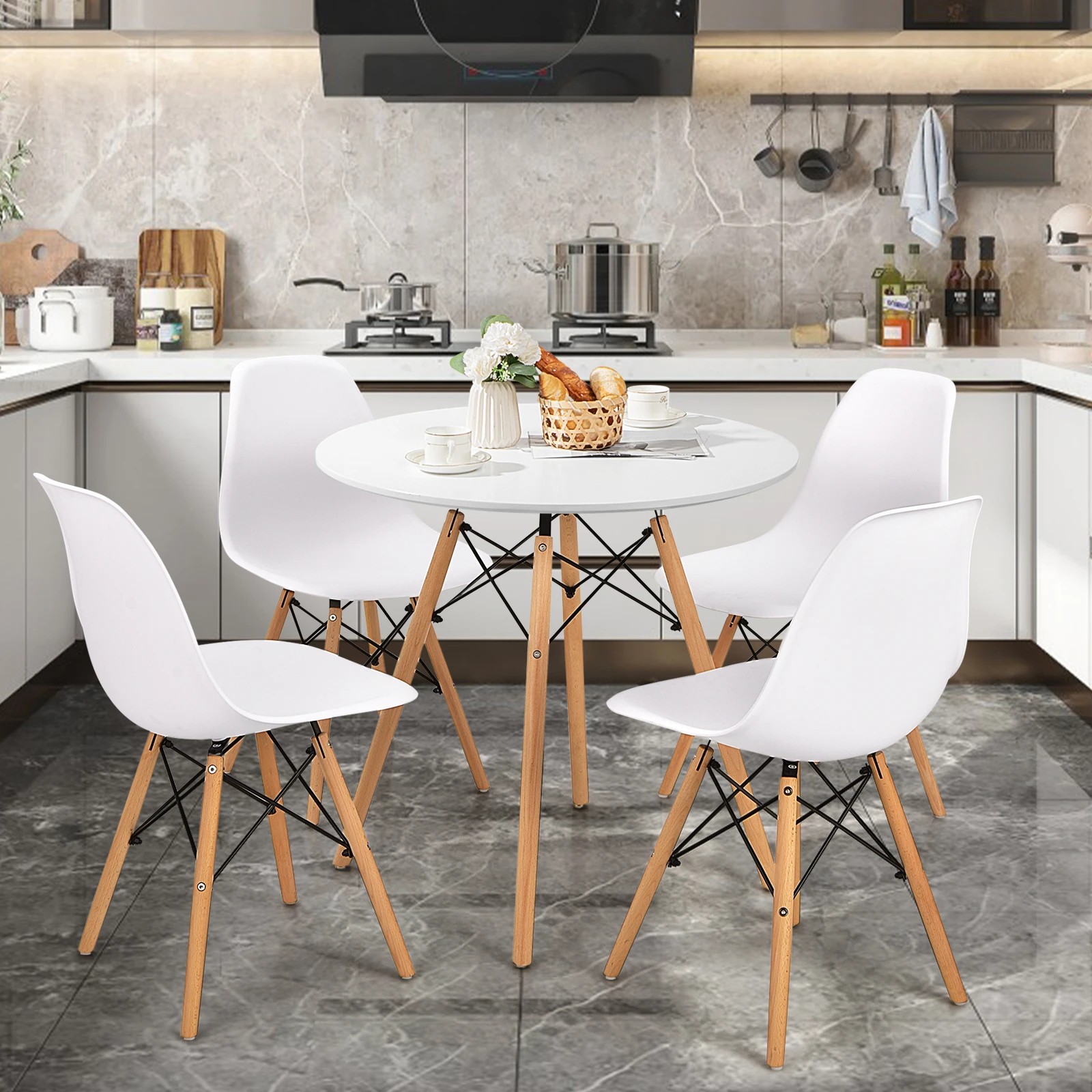 1 Costway 5PCS Dining Table Set Wood Kitchen Table Chairs Home Furniture Dining Set - White, 1 of 2