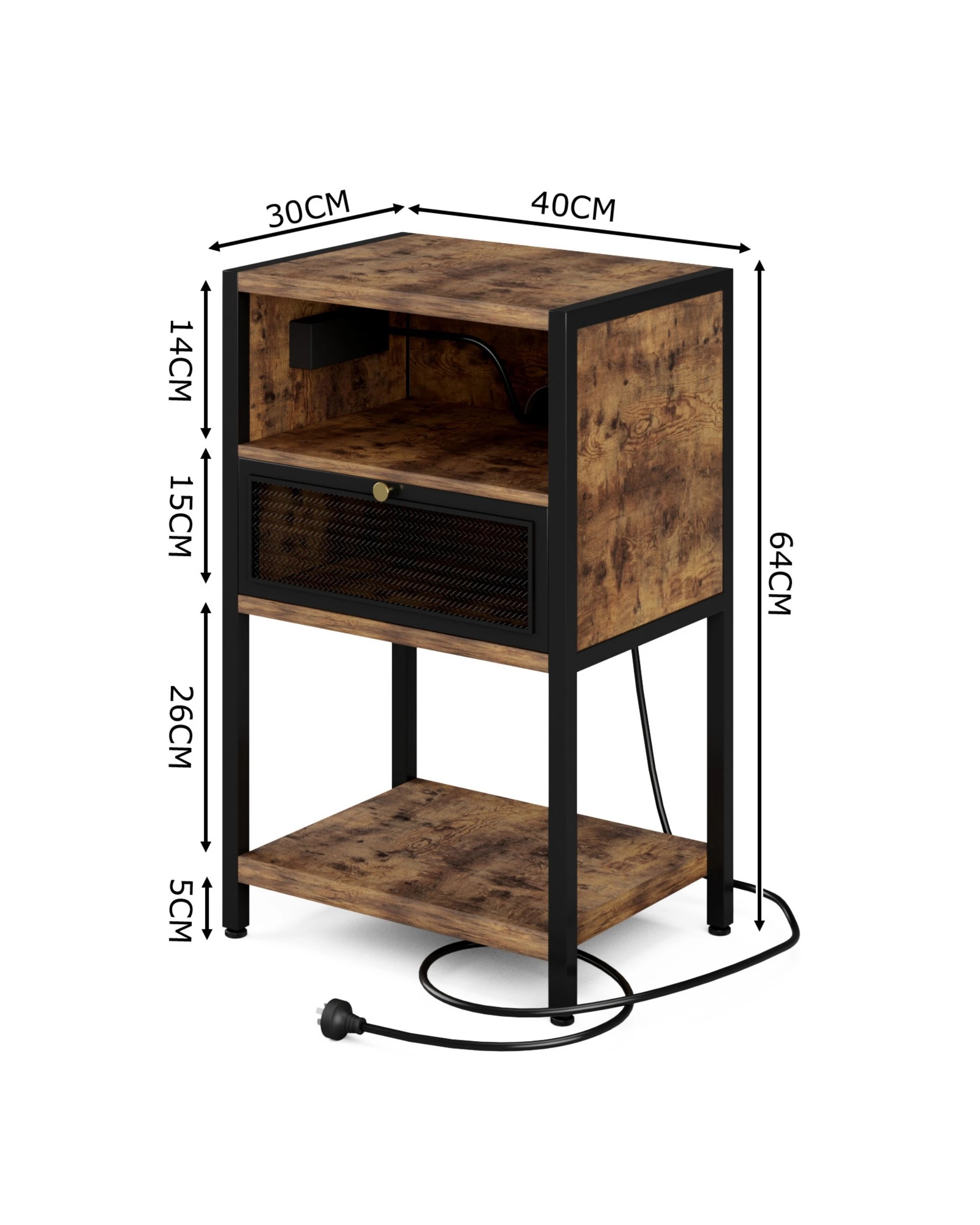 2 Advwin 2x Bedside Table with Charging Station Metal Mesh Drawer Nightstand Side Table - Brown, 2 of 9