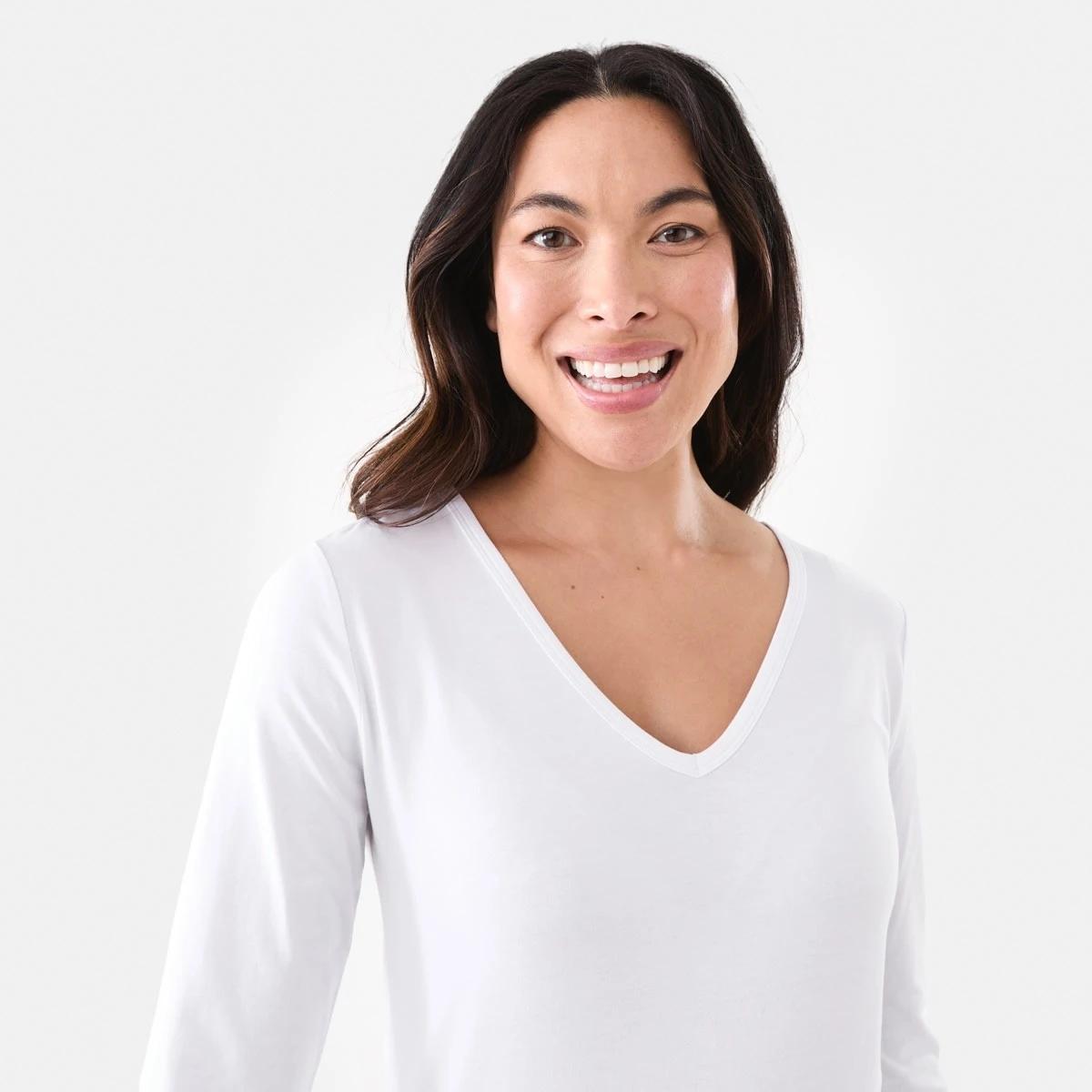 4 Long Sleeve Stretch V-Neck T-shirt White, 4 of 5