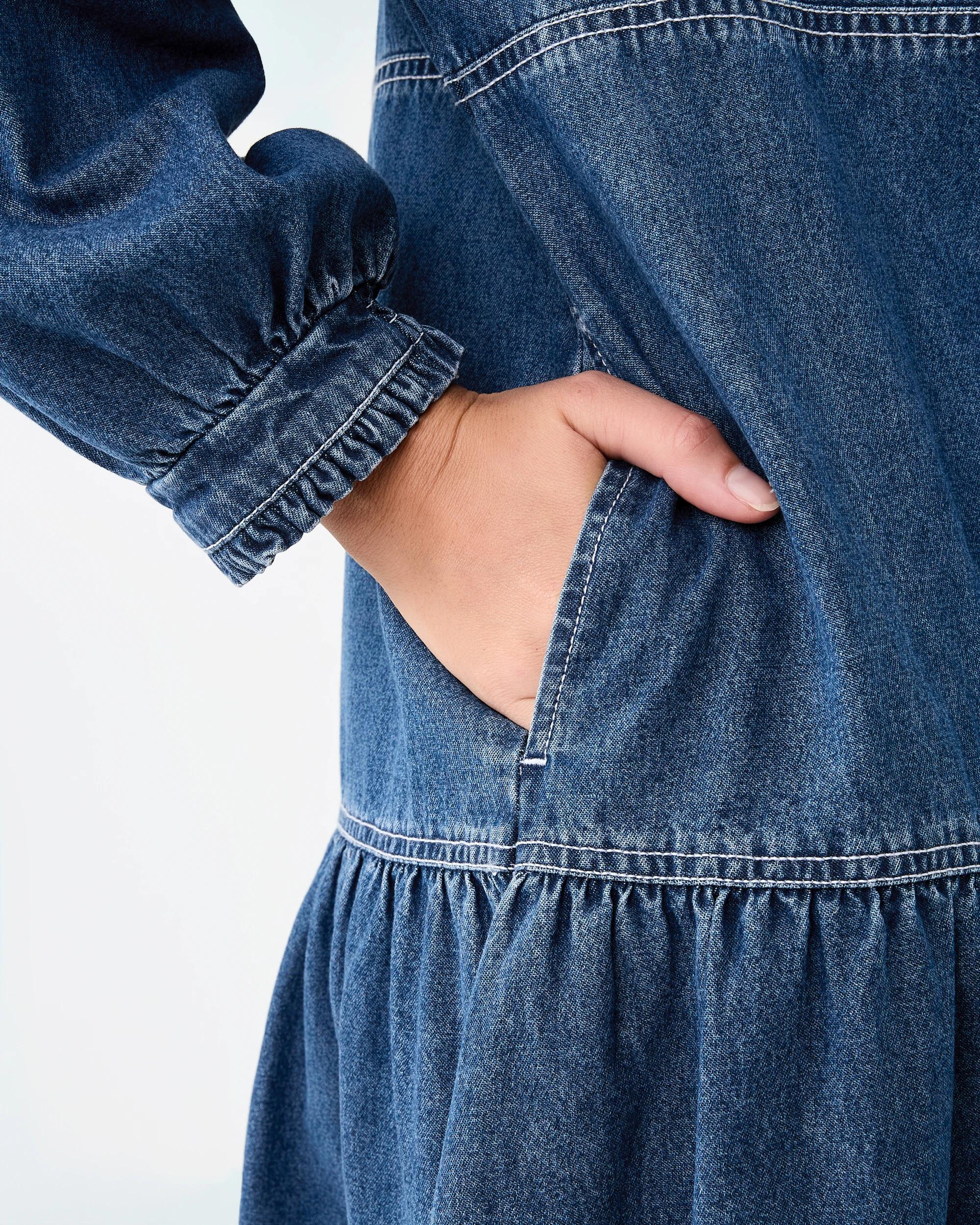 6 Long Sleeve Denim Notch Neck Maxi Dress Mid Wash, 6 of 7