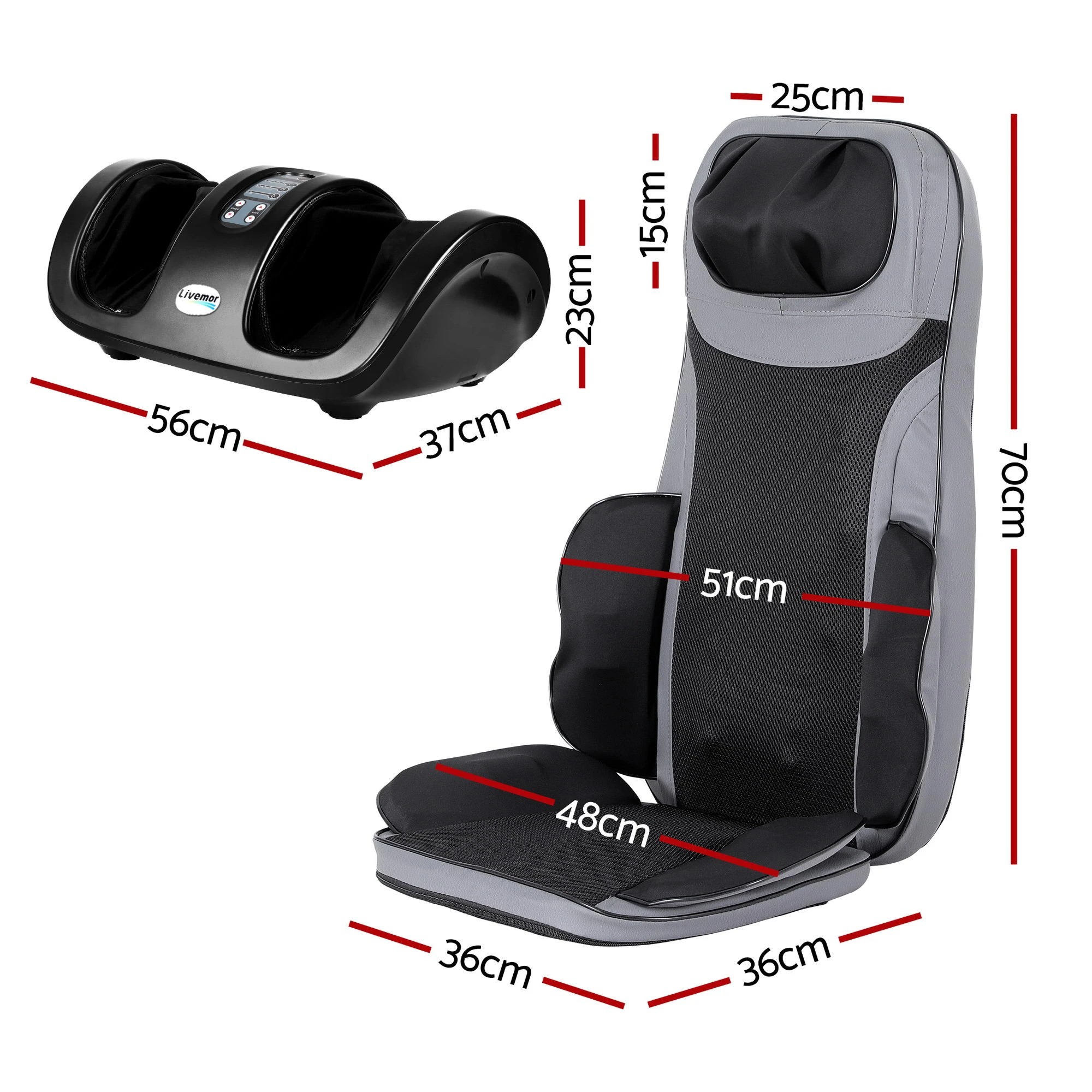 2 Livemor Full Back Massage Seat Cushion Heating With Kneading Foot Massagers - Black, 2 of 3