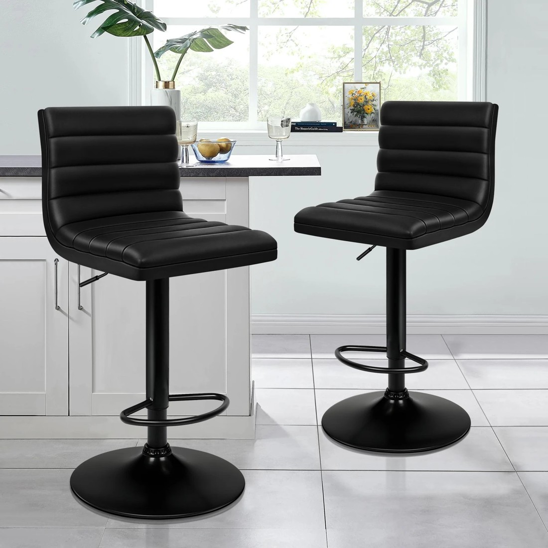 7 Alfordson 2x Bar Stools Ruel Kitchen Swivel Chair Leather Gas Lift - Black, 7 of 7