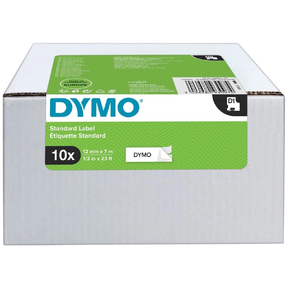 1 Dymo D1 Label Tape 12mmx7m Black on White 2093097 10 Pack, 1 of 3