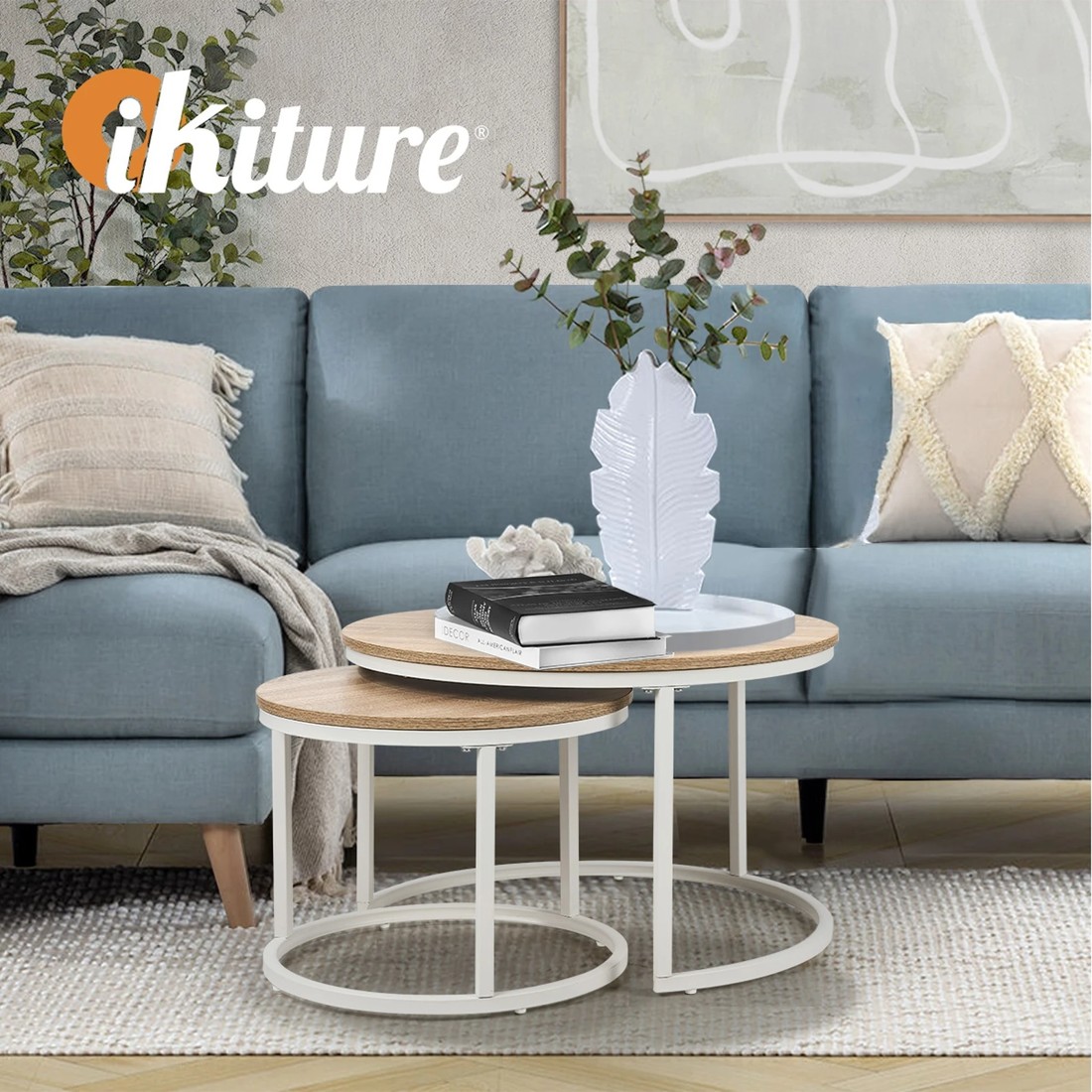 5 Oikiture Set Of 2 Coffee Table Round Nesting Side End Table
 - Natural, 5 of 10