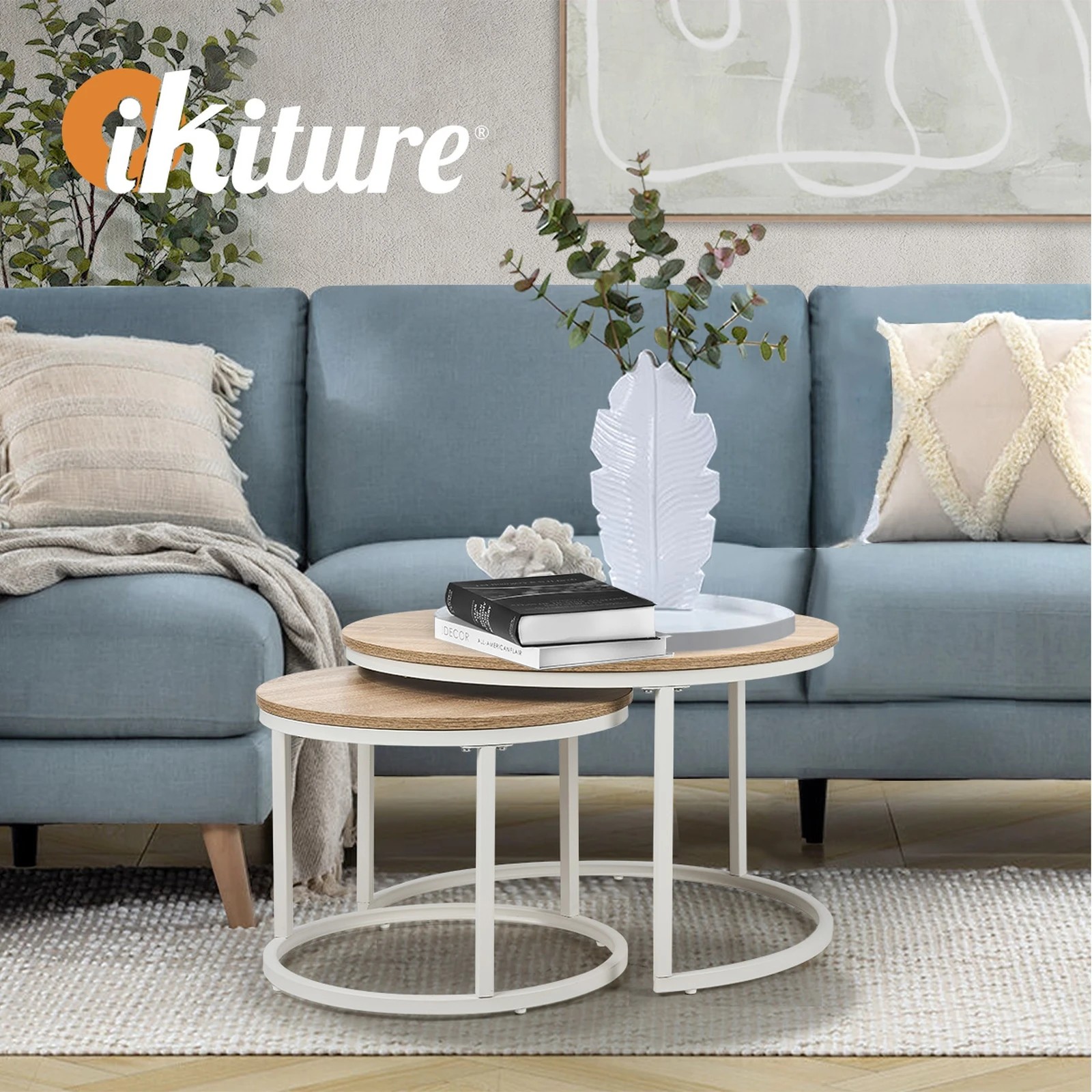 5 Oikiture Set Of 2 Coffee Table Round Nesting Side End Table
 - Natural, 5 of 10