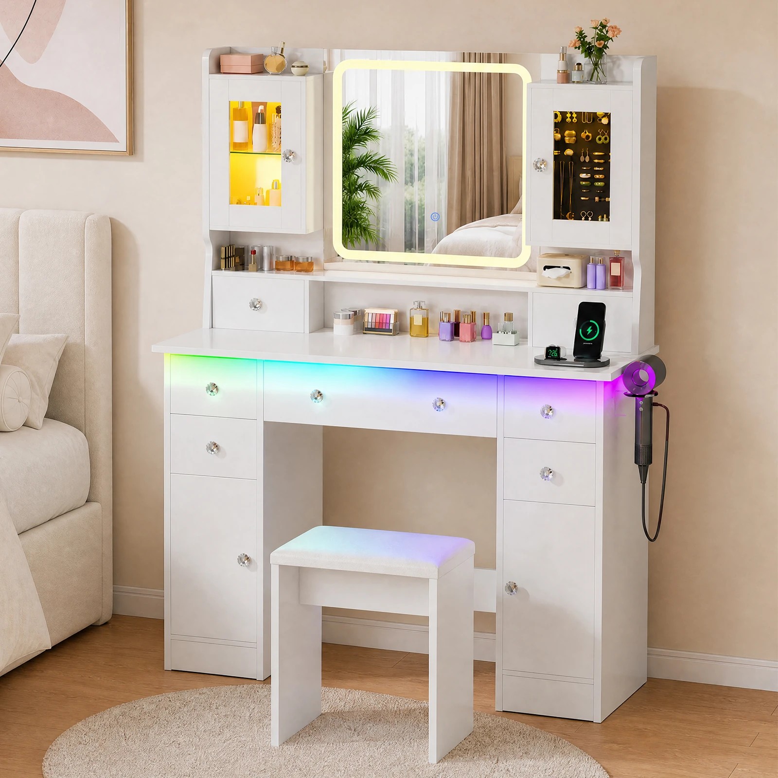 8 Advwin Makeup Vanity Desk w/ Mirror & RGB Lights Charging Station 7 Drawer - White, 8 of 10